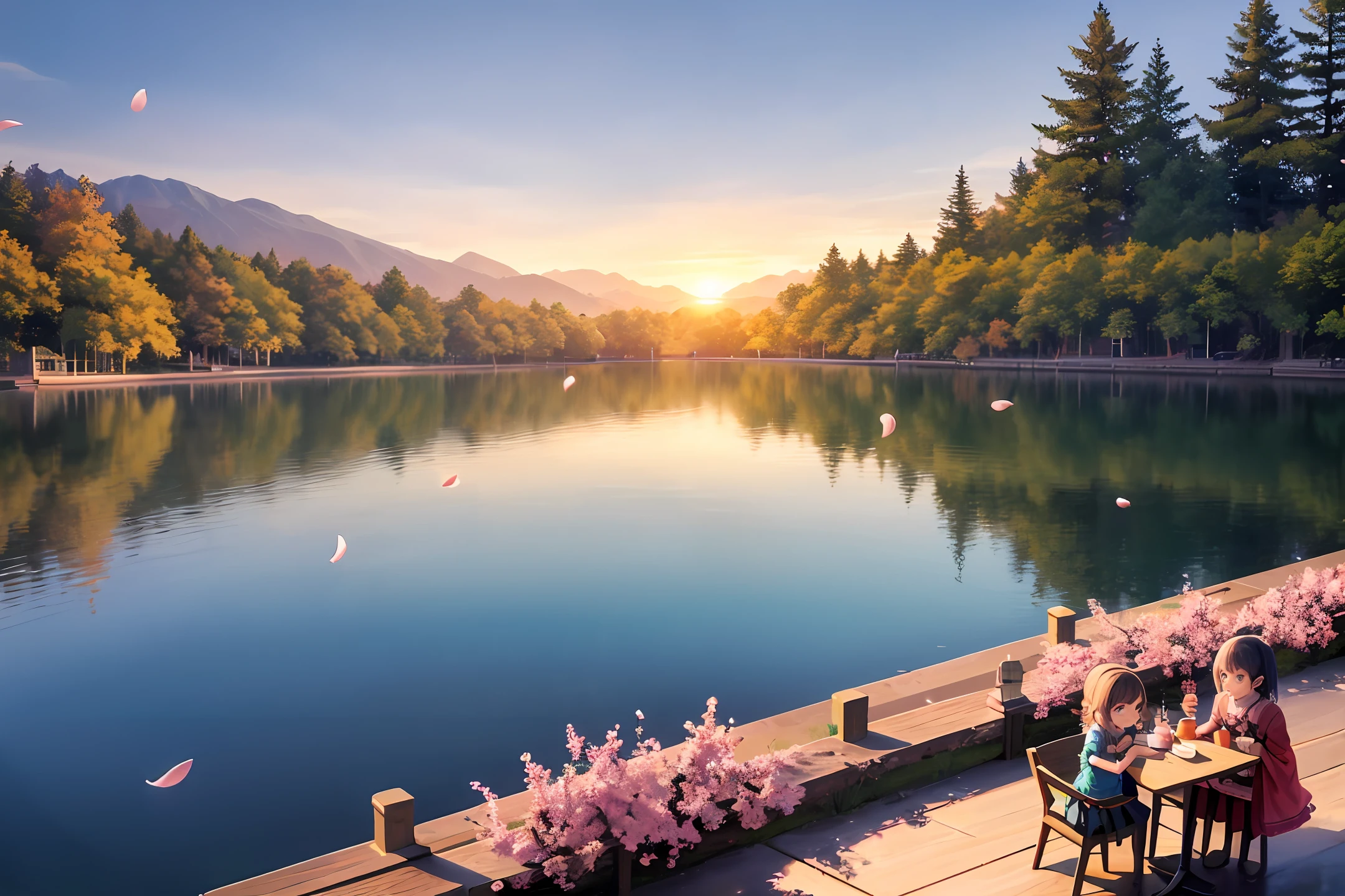 Overlooking，lakes，Small island，National style，kiosk，Two young girls dressed in ancient costumes sat opposite each other drinking tea，Cherry blossoms fall，The sun shadow reflects the lake at sunset