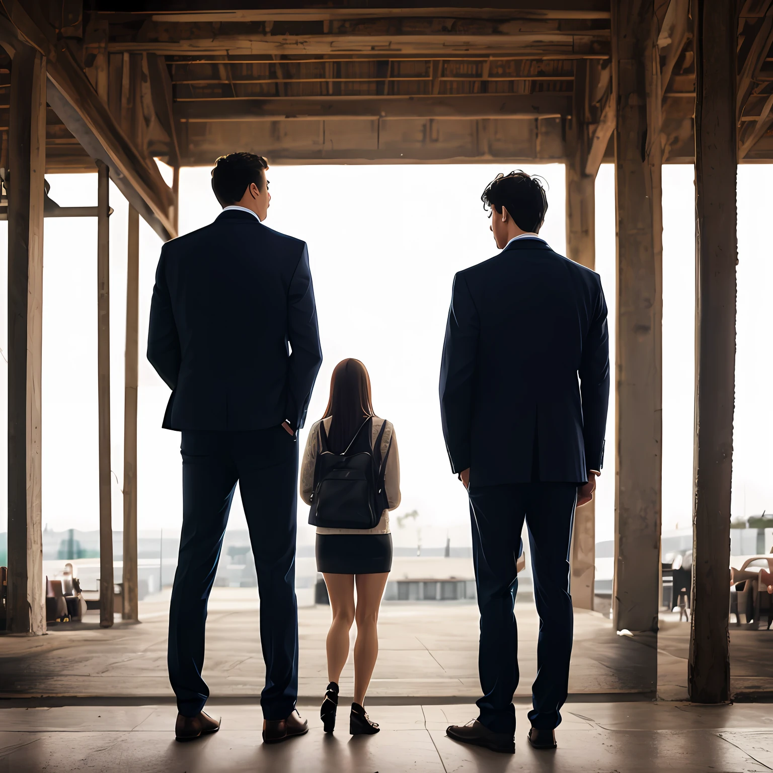 Man standing below woman