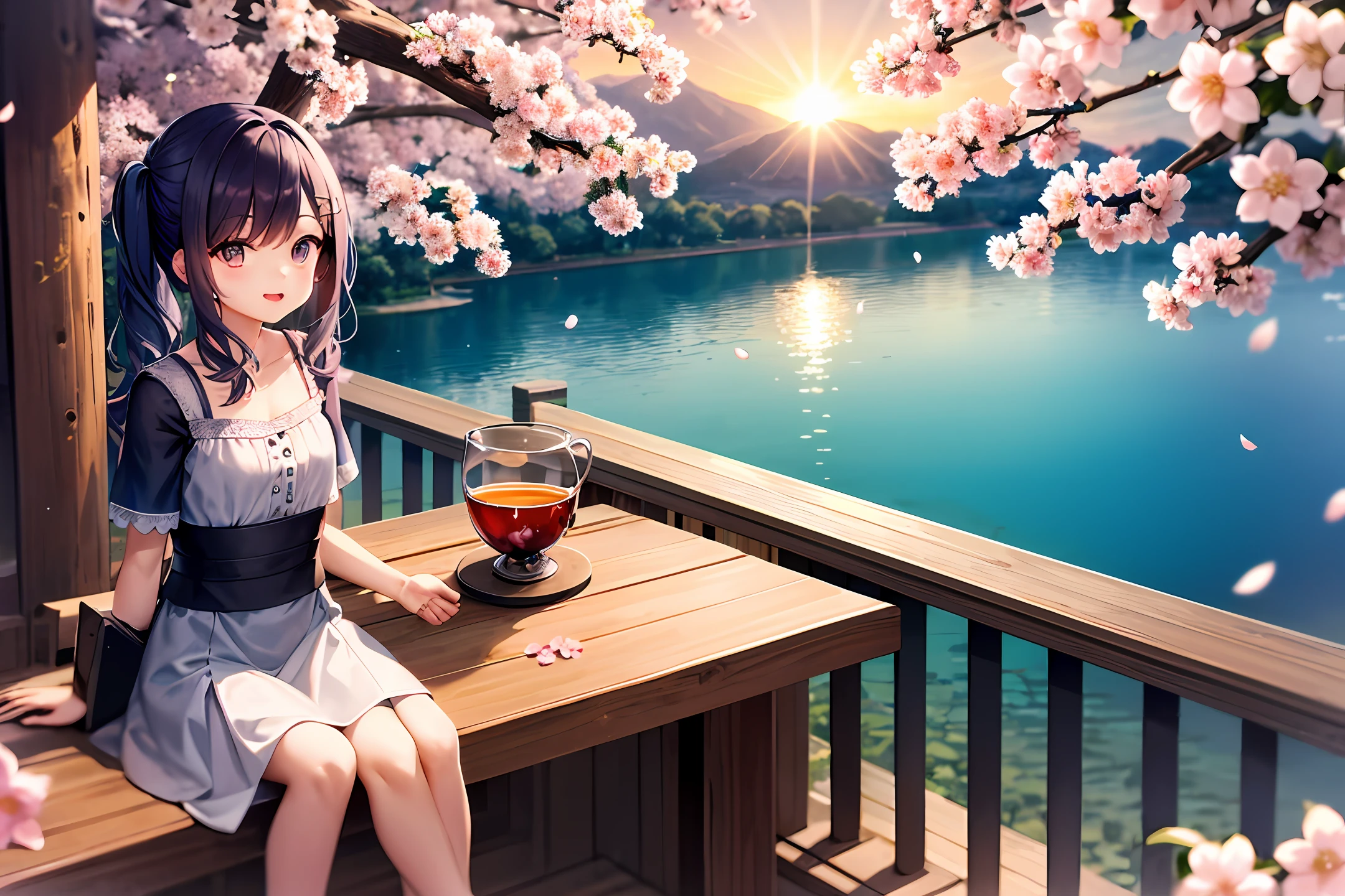 Overlooking,lakes,Small island,National style,kiosk,Two young girls dressed in ancient costumes sat opposite each other drinking tea,Cherry blossoms fall,The sun shadow reflects the lake at sunset