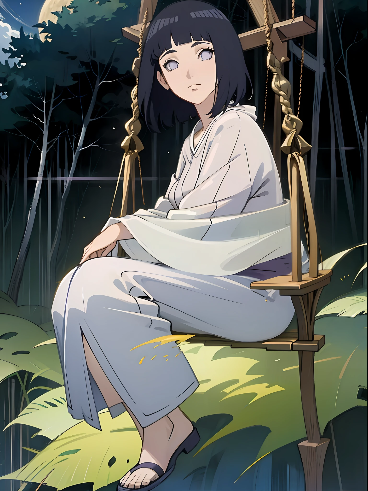 there is a woman sitting on a swing in the woods, anime fantasy illustration, goddess of the forest, galadriel, in the art style of bowater, fairy-tale illustration style, fantasy art style, goddess of the moon, goddess of nature, alphonse mucha and rossdraws, official art, fey queen of the summer forest, ethereal anime, blunt bangs, dark blue hair, purple eyes