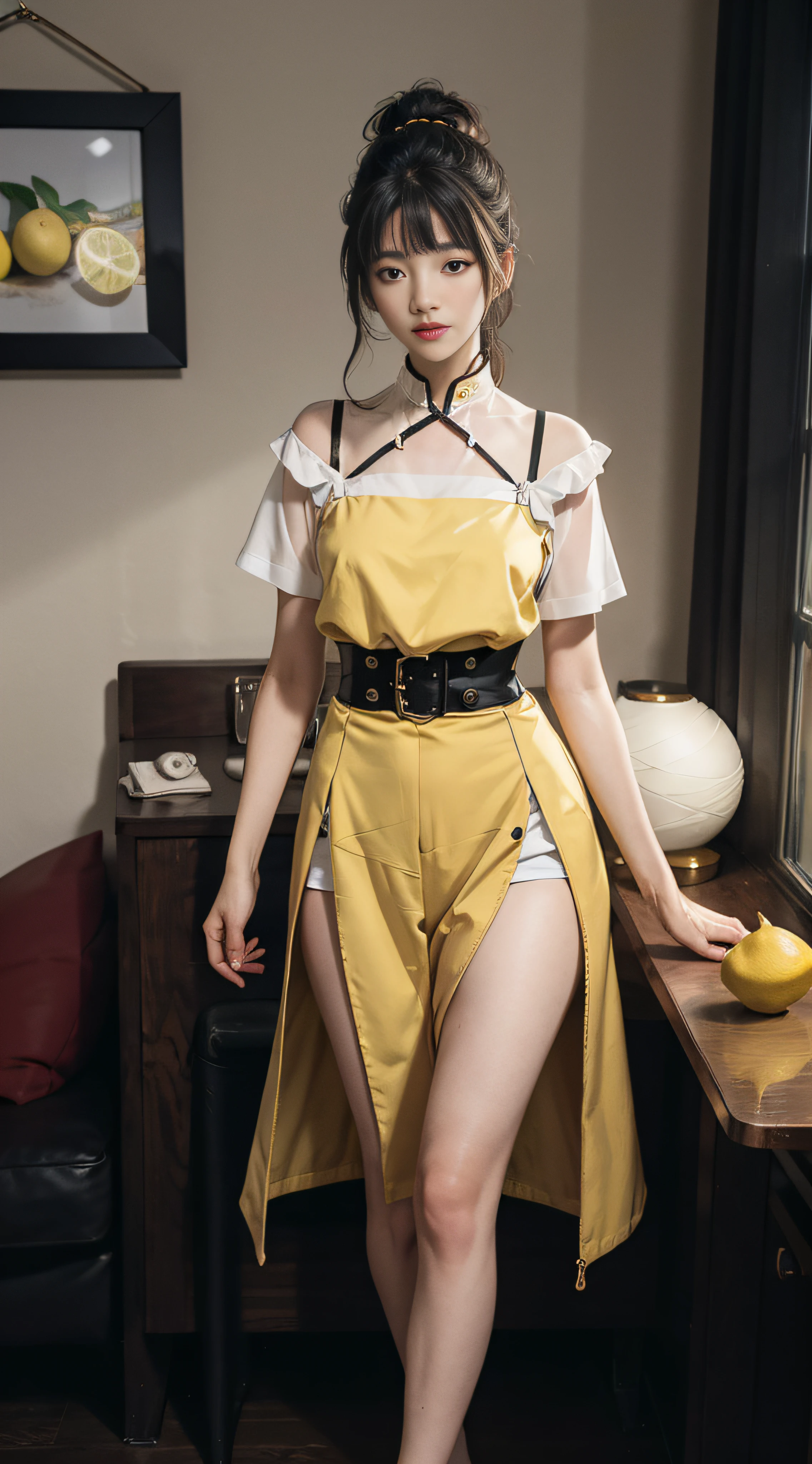 Side collar,stitching,High waist,Long model,dresscantabile,Korean version,lemon juice,