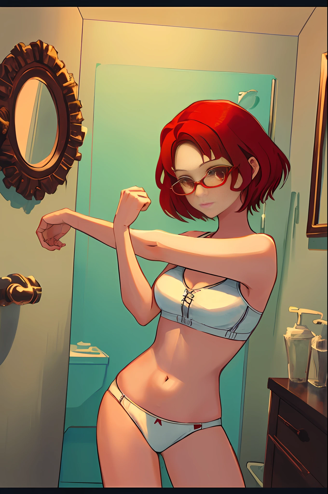 (masterpiece, best quality:1.2), solo, 1girl,((red-framed)) (under-rim) glasses, red eyes, beautiful detailed eyes,forehead, asymmetrical bangs,red hair, [[short]] hair,,in bathroom,steam, cute white Bikini,looking at viewer, cross-body stretch, stretching