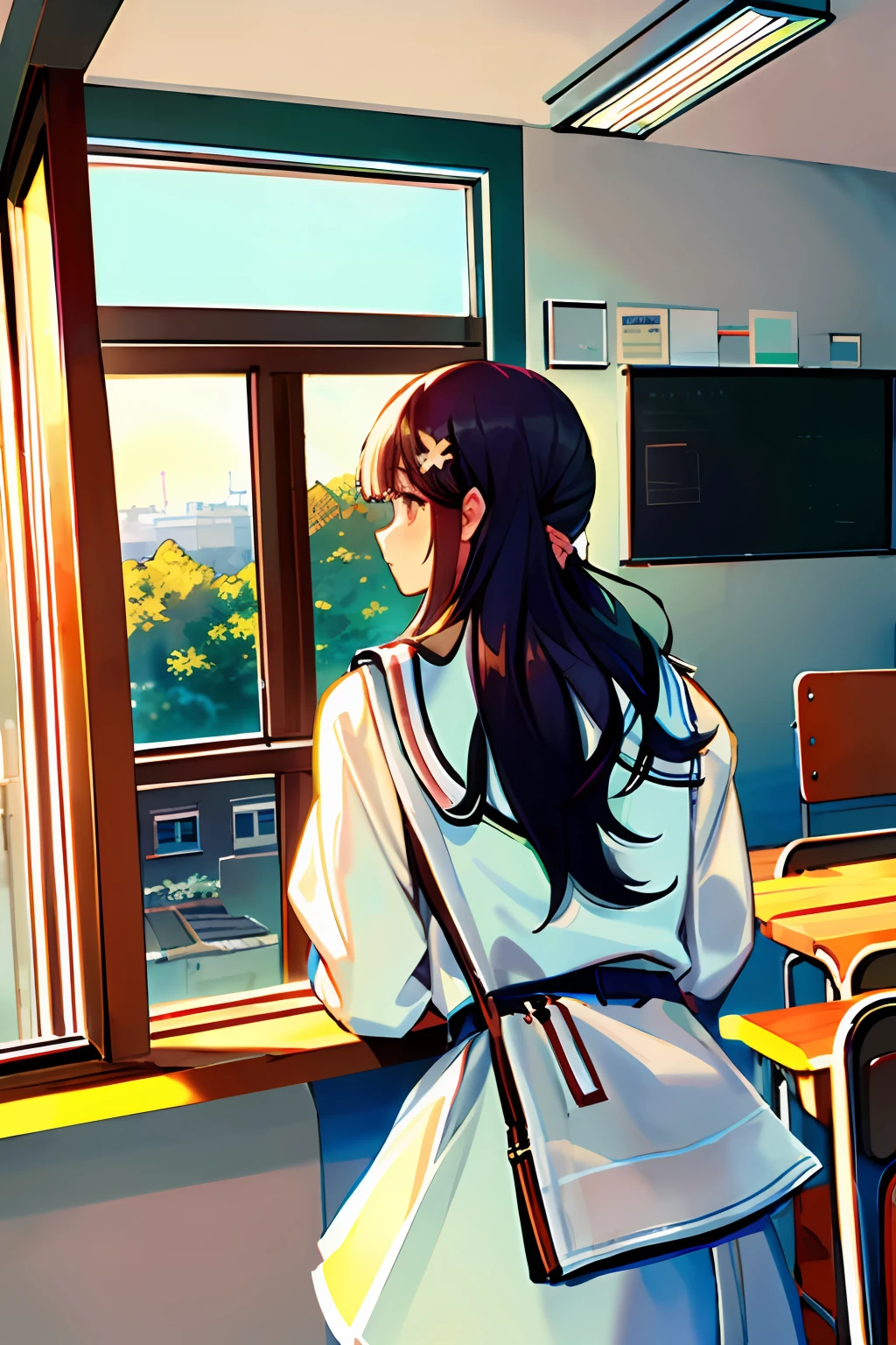 School Window Girl Reading Left hand holding hair