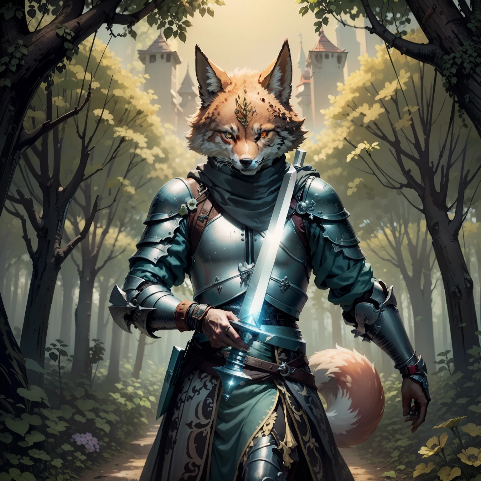 "(melhor qualidade, obra-prima), detalhes ultra-realistas, CG wallpaper with 8K resolution, a magical knight fox wielding a sword and magic, em um ambiente de fantasia com nuvens e floresta densa ao longe."