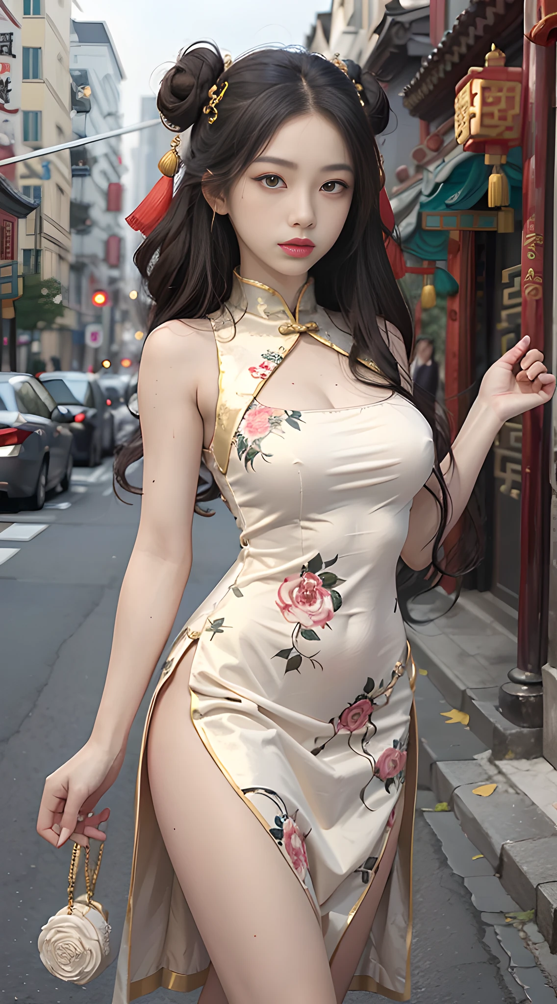 high resolution,
1 beautiful young woman,
(soft saturation:1.3), (fair skin:1.2),
wearing a white clothes,
85mm lens,f/8.0,
background,
gyaru,
brown hair,
medium breasts,

BREAK

(china street:1.3),
1girl, 18 years old, (china dress:1.5), side-tie peek, (china dress:1.5),
double bun and long twin tails, black hair