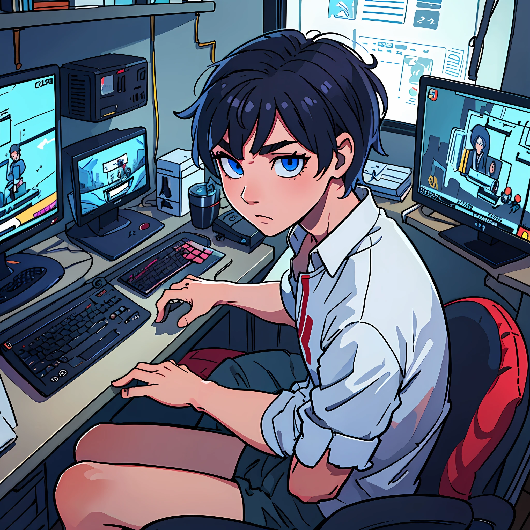 Best quality: 1.0), (Super High Resolution: 1.0), Anime boy, short black hair, blue eyes, sitting in front of computer playing games, background in esports room, --auto --s2