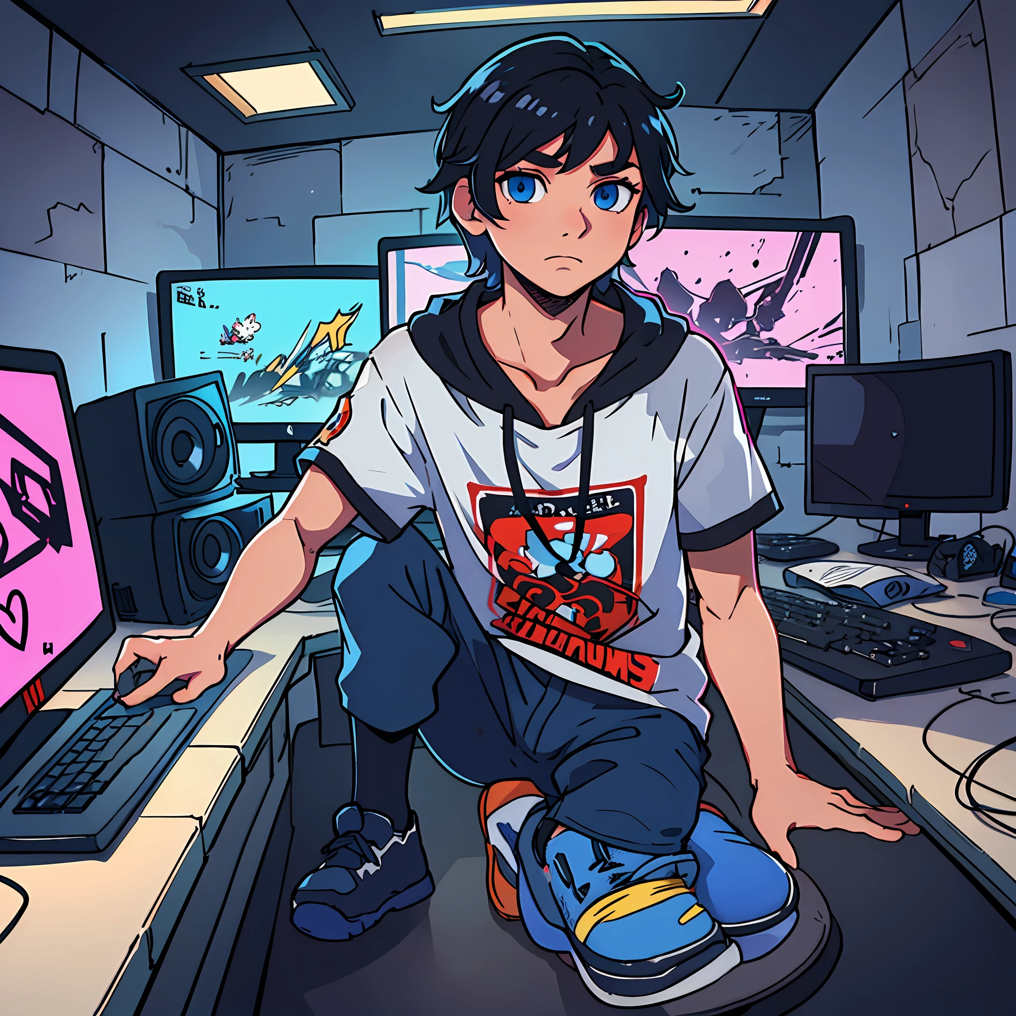 Best quality: 1.0), (Super High Resolution: 1.0), Anime boy, short black hair, blue eyes, sitting in front of computer playing games, background in esports room, --auto --s2