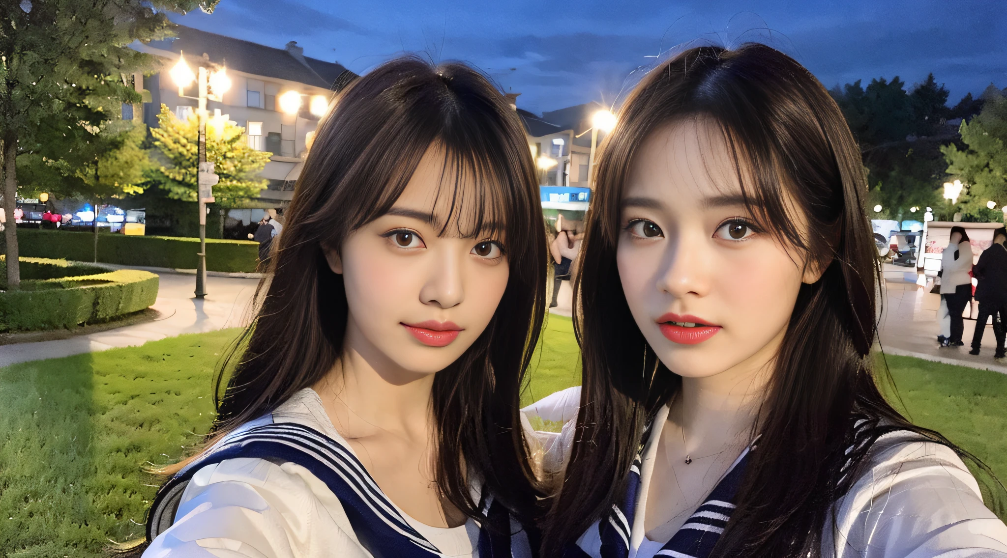 (8K,Raw photo、Raw photo、beste-Qualit、Master masterpiece:1.2)、ambient lights、ultra-detailliert、Super Resolution、(Hphotorealistic:1.5)、high resolution RAW color photos、professional photograpy、(Very beautiful and detailed night tree-lined avenue 1:1.37)((A beautiful moonlit night))、fullmoon、Very detailed and beautiful、Ultra-high image quality、High school girl in sailor suit、(Puffy cheeks)Detailed uniforms、Each face has its own distinctive features、Different face patterns、Farbe々Hairstyle、Brown hair fluttering in the night breeze、Hair swaying and sexy、Very detailed beautiful girl、(Pink Eye Shadow)、Red tie、Puffing up face、Pouting、Puffy face、He looks at me with his face puffed up.、Burikko、Buriko Pose