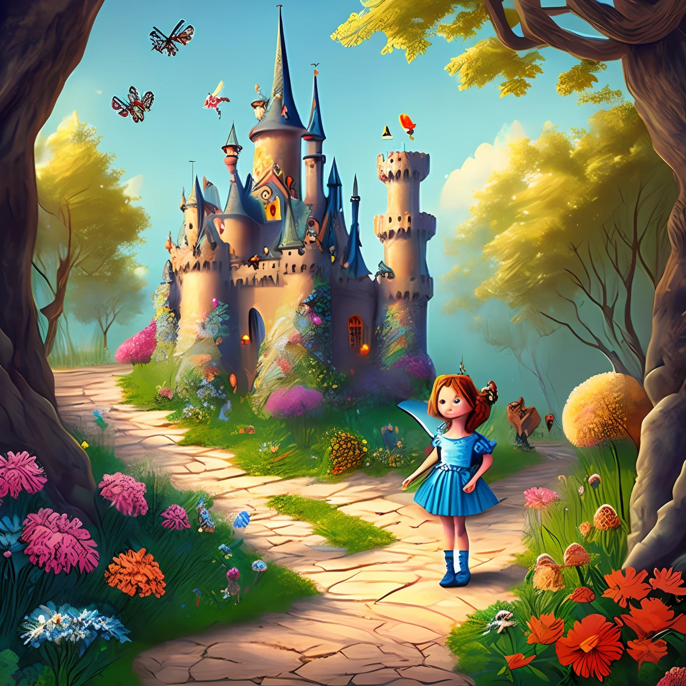 Fairy tale world,Colorful woods,A wide variety of small animals,Pretty princess,the castle