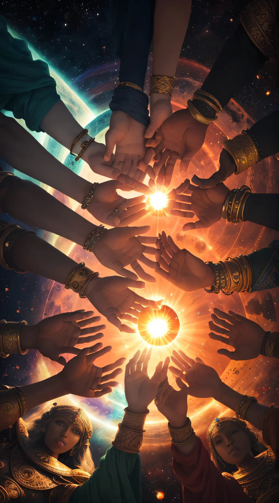 ((masterpiece)), ((best quality)), 8k, high detailed, ultra-detailed, 

A group of people hand in hand, forming a circle around the sun, representing the unity and faith of the Anunaki race.

Prompt: masterpiece, best quality, 8k, high detailed, ultra-detailed, A group of people hand in hand, forming a circle around the sun, representing the unity and faith of the Anunaki race.