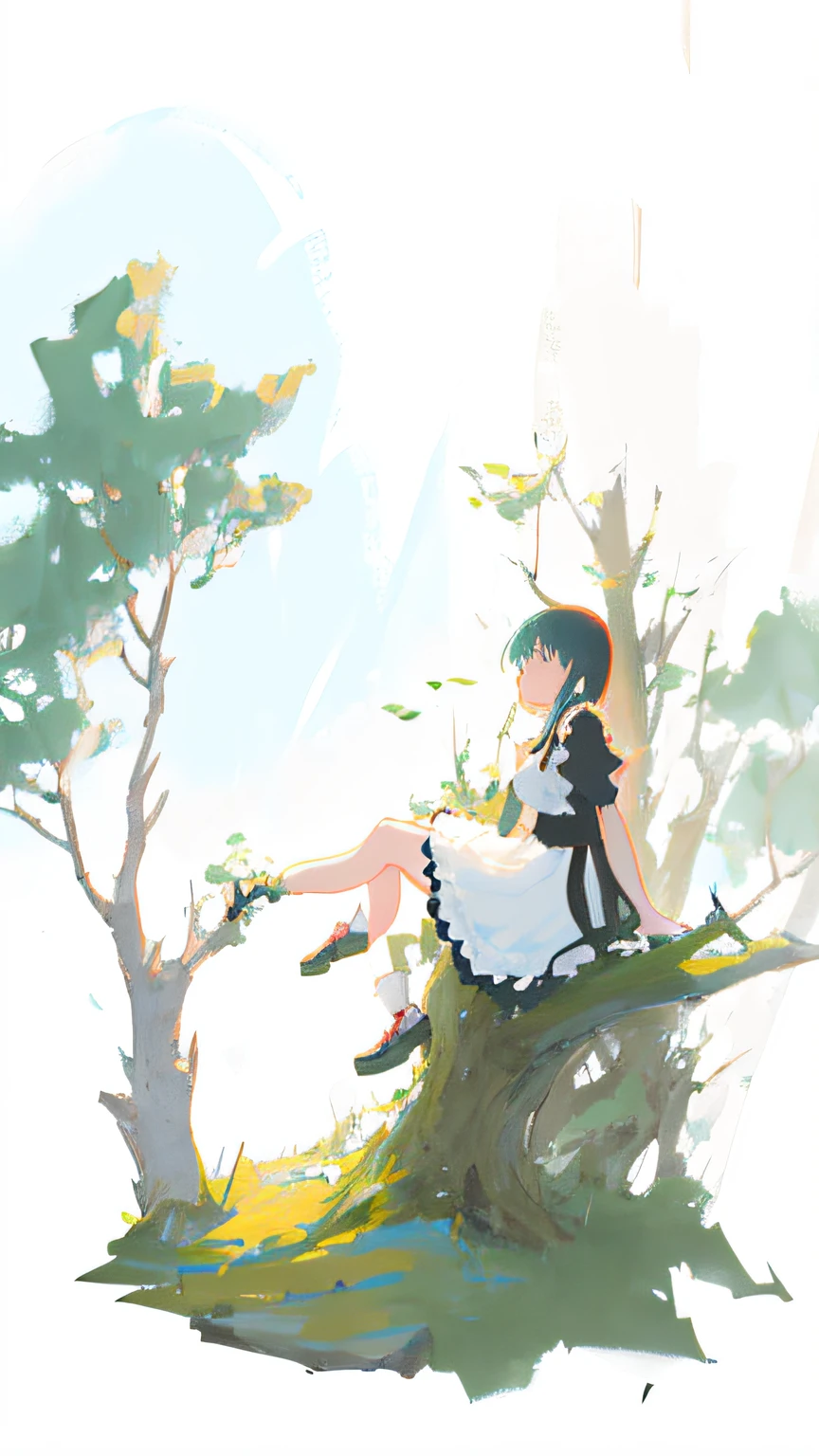 anime girl sitting on a rock next to a tree, made with anime painter studio, next to a tree, a maid in a magical forest, Sitting on a tree, painted in anime painter studio, with a tall tree, sitting under a tree, anime style like fate/stay night, anime art style, Anime Stylization, cel - shaded art style