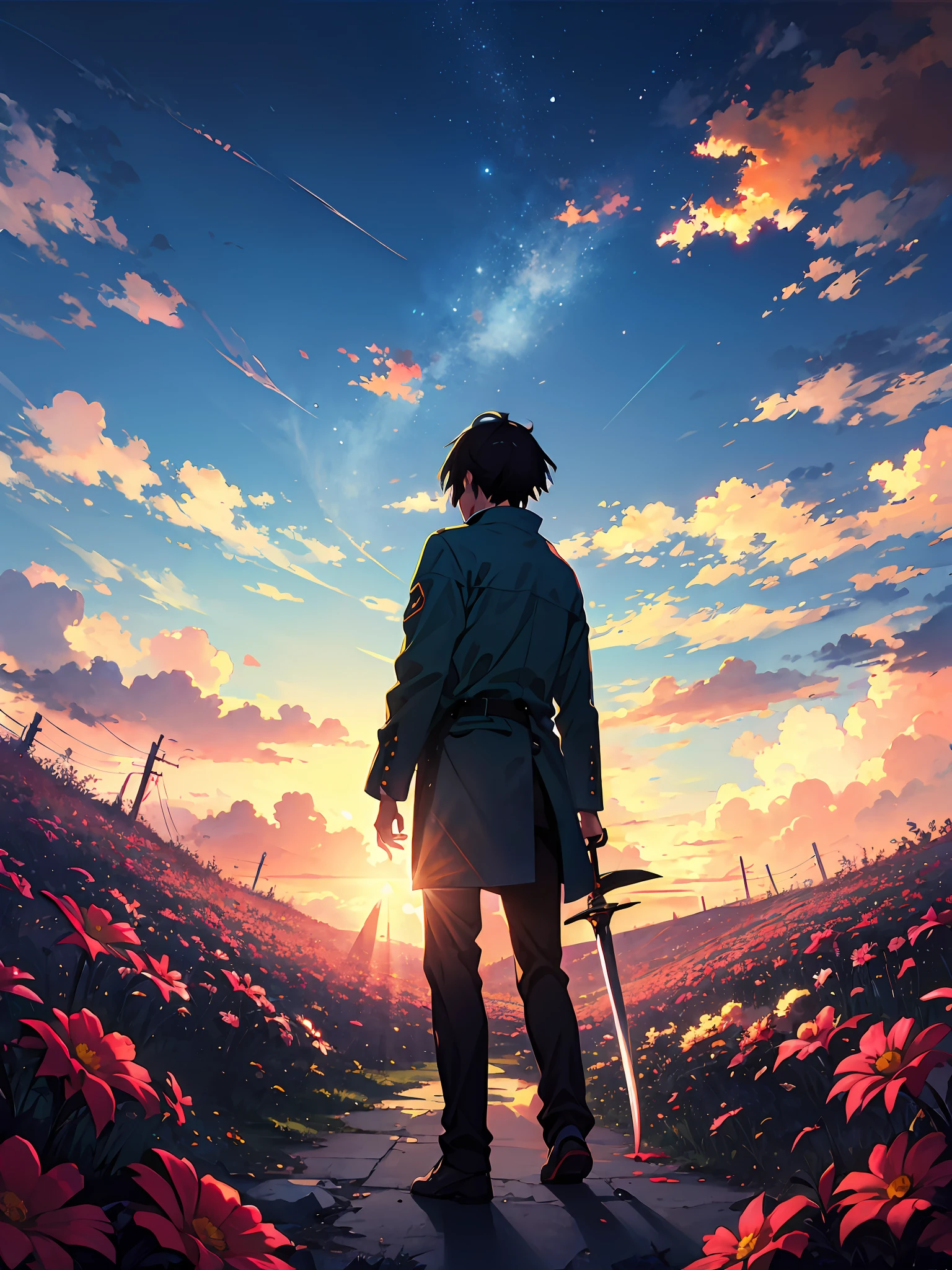 anime scene of a man standing in a field of flowers, makoto shinkai cyril rolando, watching the sun set. anime, makoto shinkai!, makoto shinkai!!, makoto shinkai. digital render, makoto shinkai art style, ( ( makoto shinkai ) ), makoto shinkai style, makoto shinkai. octane render, bloody sword on the ground, depressing horror tone, sad depressing art style, anguish angry frustrated