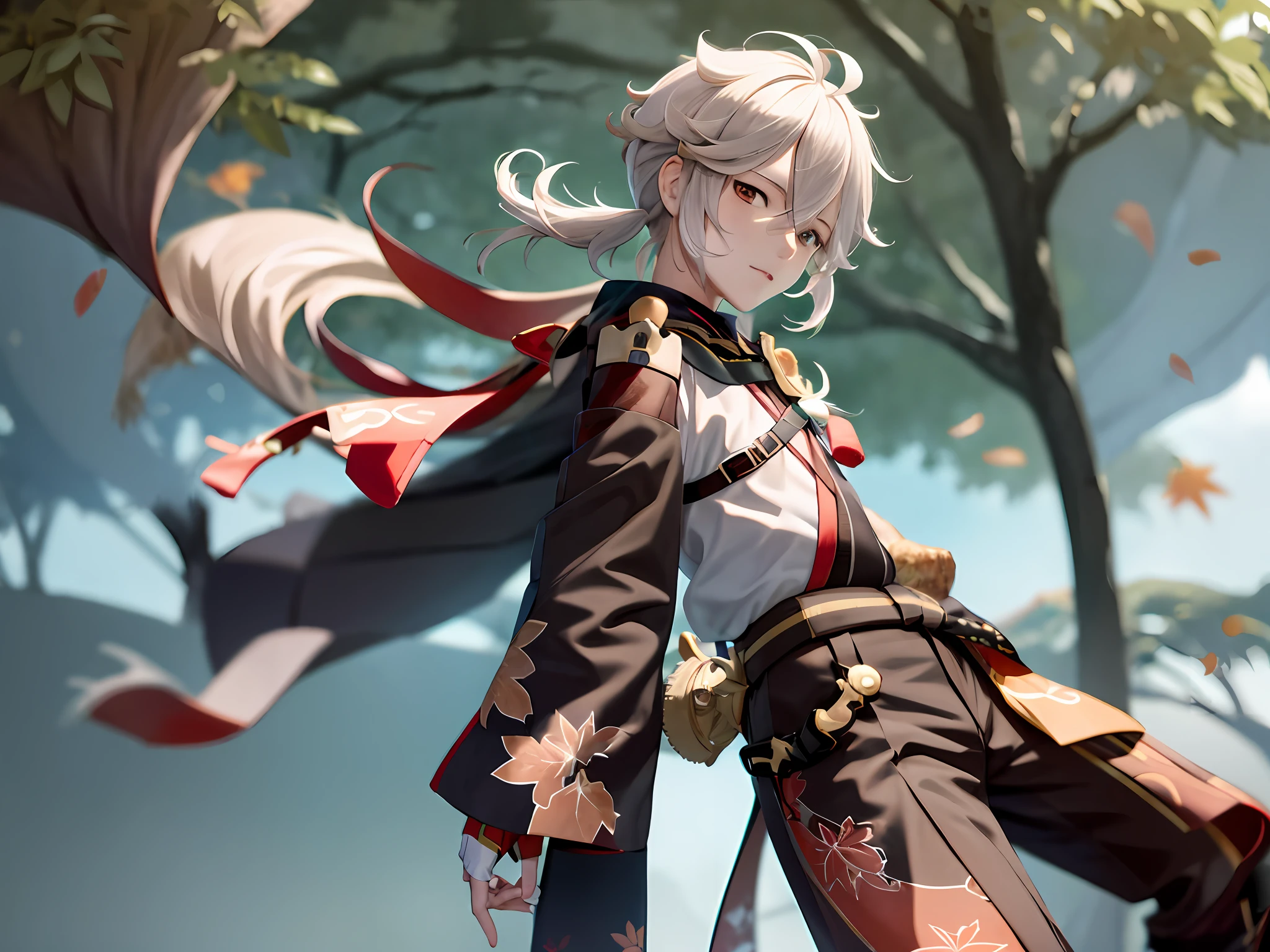 Kaedehara Manyo Genshin has a little orange hair in front of his white hair Juai chop all over the body in the maple forest