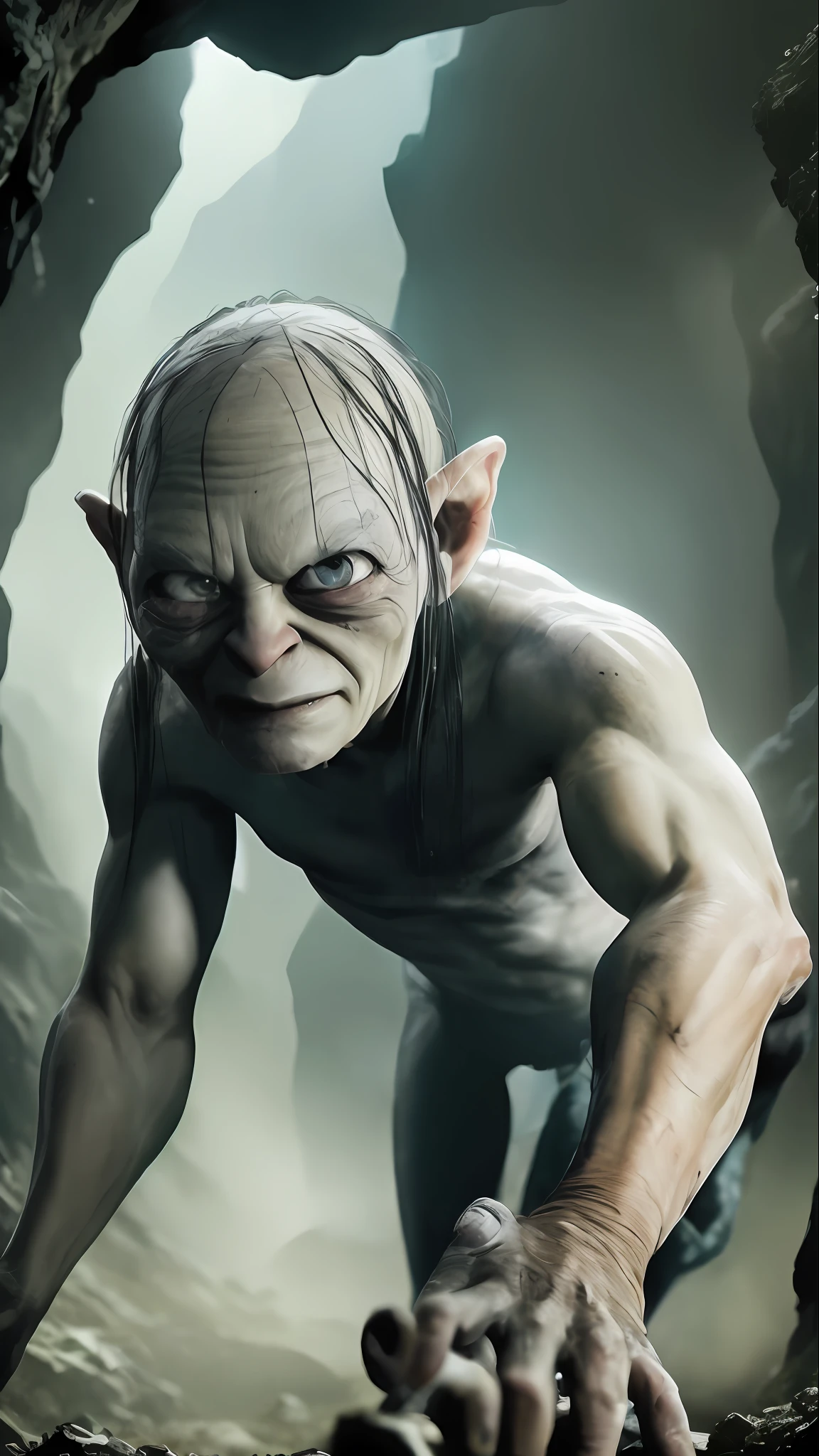 Cinematic t-shirt art, paint style. Gollum from Lord of the rings In dynamic pose. highly detailed, detailed face, intricate, vivid colors. Black background into a cave.
