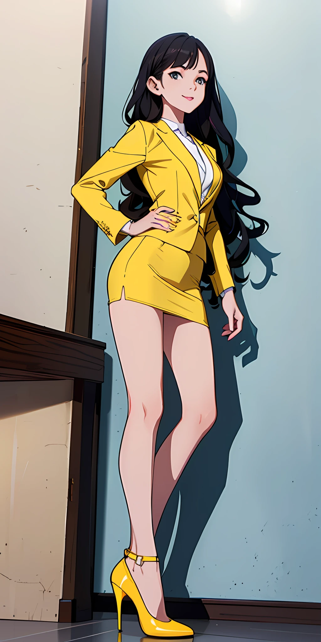 ((Masterpiece, highres)), 2girls, duo, twins, ((one brown haired girl, one blonde girl)), long hair, curly hair, matching hairstyles, different hair color, confident, elegant, proud smiles, (((matching outfits, identical outfits, yellow skirt suits, sexy skirt suits, yellow blazer, yellow short skirt, black high heels)))