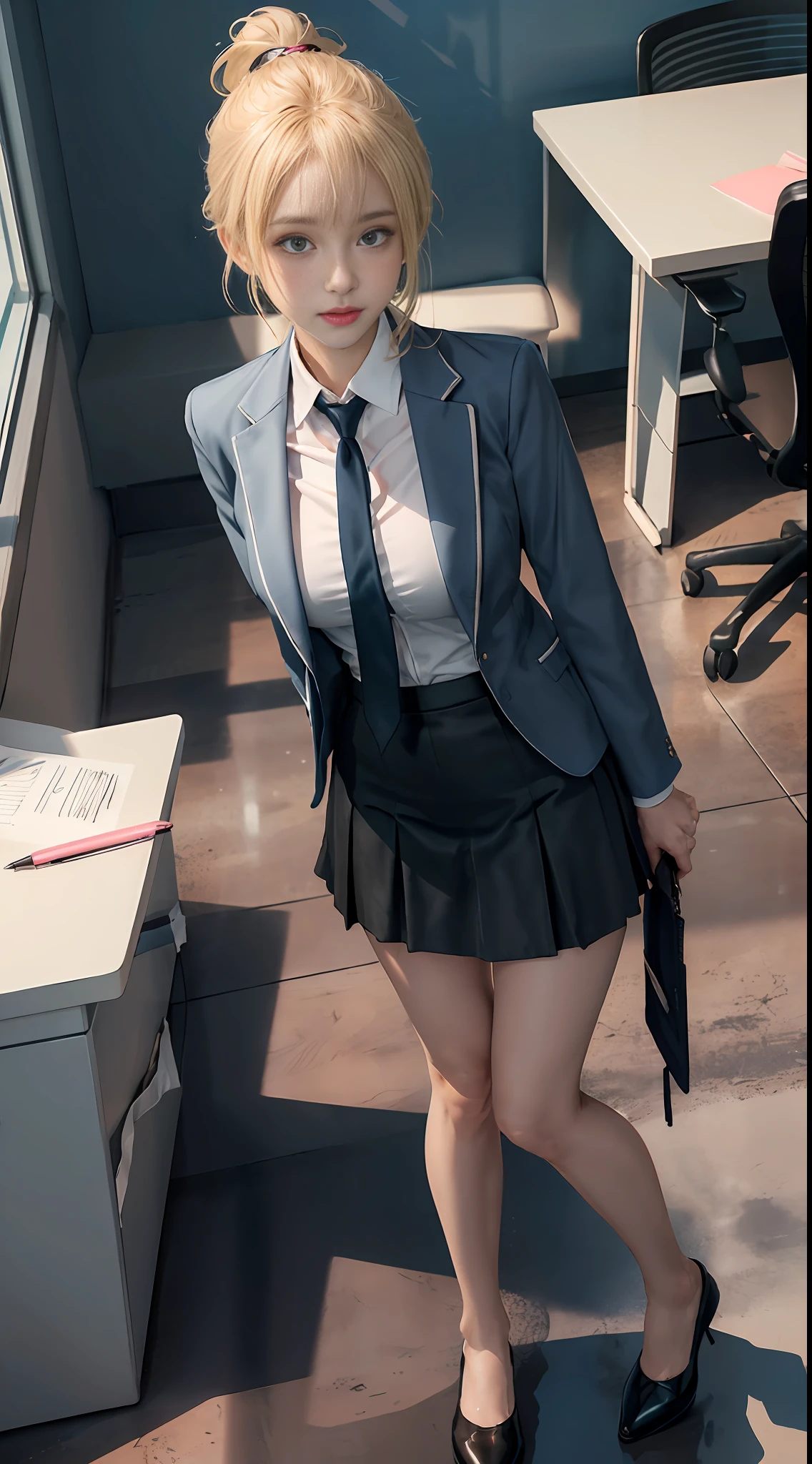 High quality, best quality, masterpiece, 8K, ultra-real, ridiculous, vibrator in panties, 1 girl, office, blonde, business suit, pen holder skirt, standing with legs extended: 1.1, blush, ponytail, wet panties, sitting, wet floor, (open clothes, expose entire breasts, flirt skirt: 1.1),