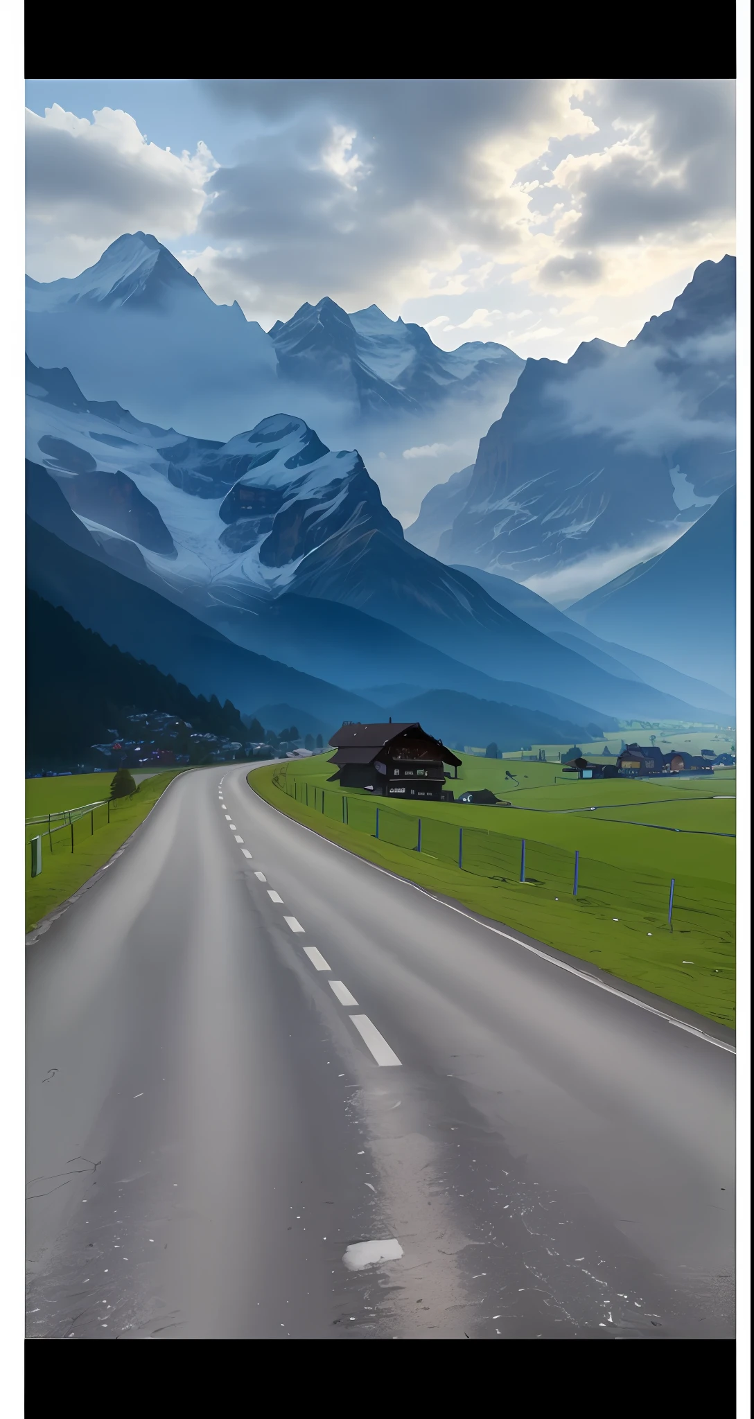 there is a picture of a road with a mountain in the background, in the swiss alps, swiss alps, switzerland, the alps are in the background, epic mountains in the background, lauterbrunnen valley, very very beautiful scenery, very very very beautiful scenery, very beautiful scenery, germany. wide shot, traveling through the mountains, mountain in the background