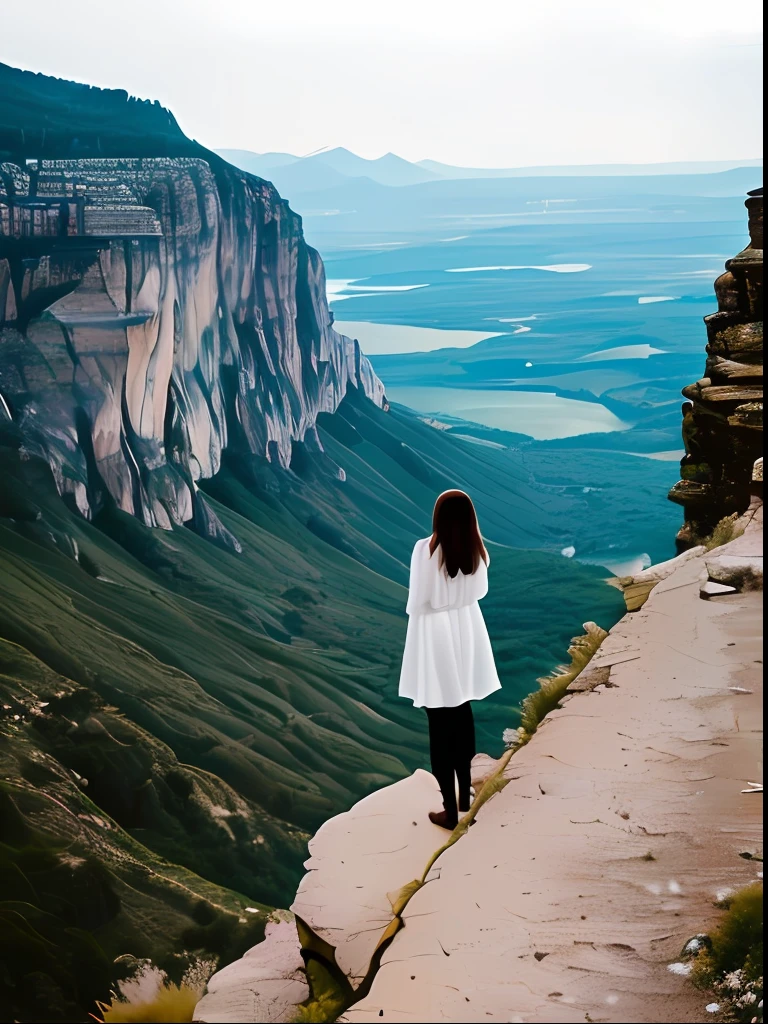 The woman in white stood on the edge of the cliff and looked into the distance