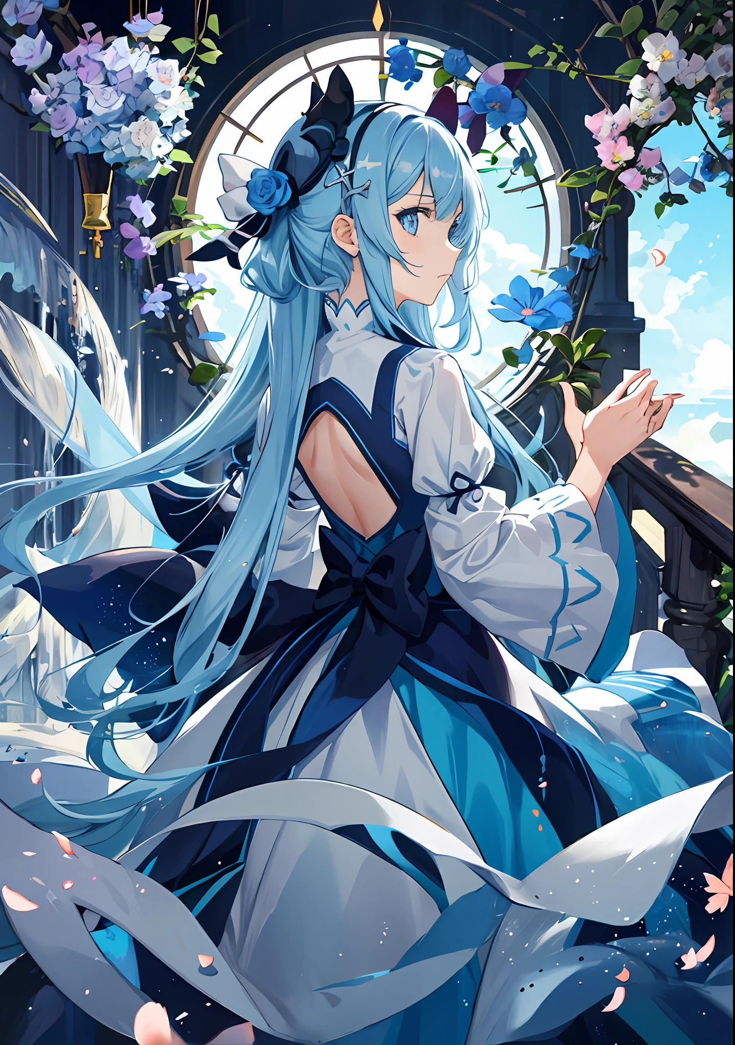 anime girl in a blue dress and hat holding a flower, cute anime waifu in a nice dress, in dress, rem rezero, offcial art, Anime princess, Loliatrice blue, zerochan art, royal elegant pose, Official artwork, Splash art anime Loli, Pi Kushatt Krenz Key Art Women, Detailed fanart, beautiful teenage girl