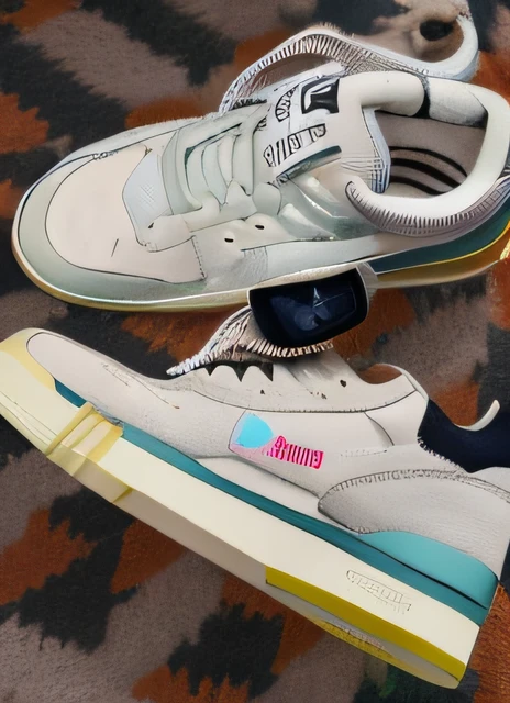 a close up of a pair of sneakers on a carpet, trending on r/Street attire, sneaker photo, whole shoe is in picture, octal, focus on sneakers only, 2022, 2 0 2 2, off white, size 1 0, triple white colorway, late 2000’s, 1996), pastel'