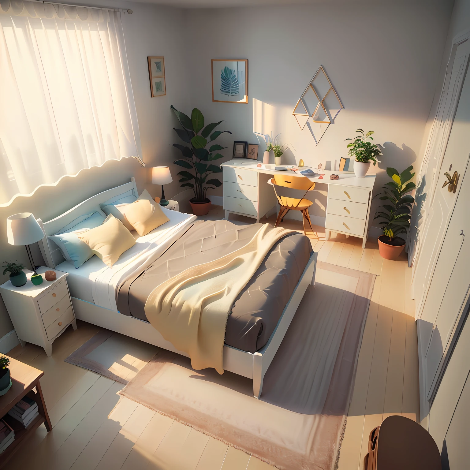 quarto de estilo moderno, fotorrealista, 8k, parede azul bebe , cabeceira azul royal