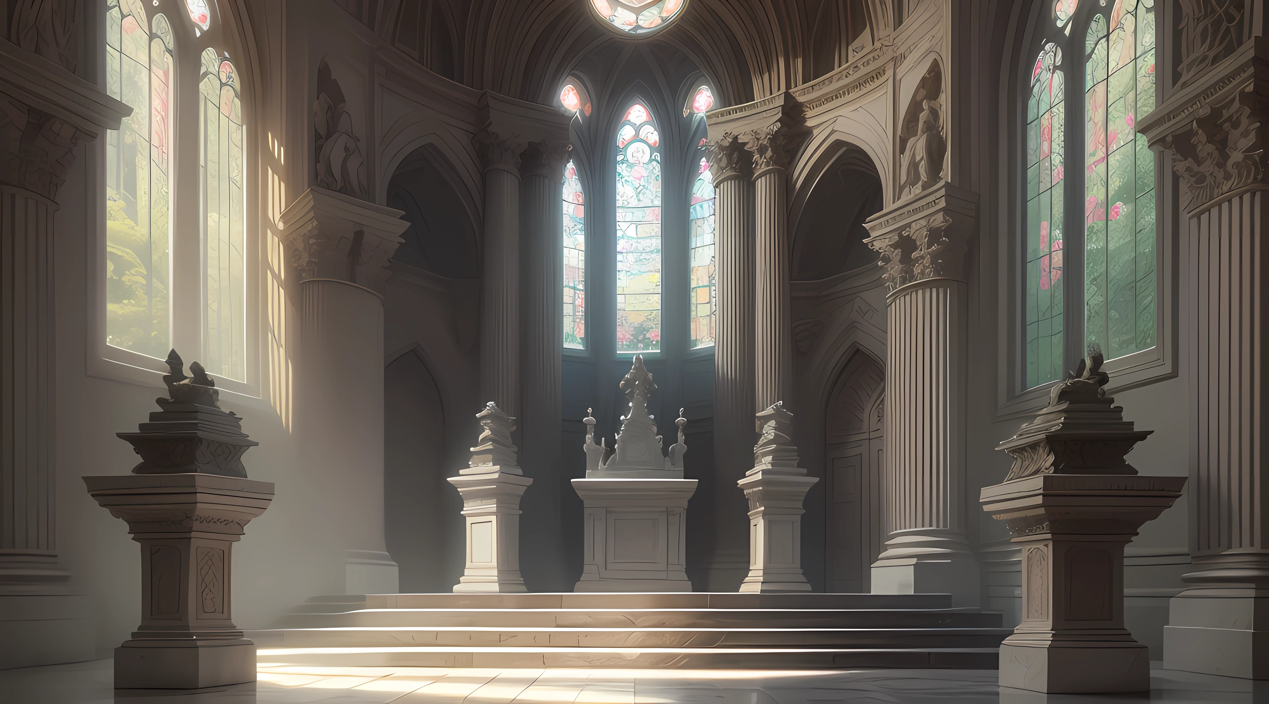 Capture the mystique and beauty of an ancient marble altar hidden within a lush forest. The camera should frame the altar in a wide shot, showcasing its intricate carvings and weathered texture. Surround the altar with towering trees and an abundance of foliage, creating a sense of seclusion and mystery. The lighting should be soft and diffused, filtering through the canopy and casting gentle shadows on the altar. Pay attention to the details of the marble, highlighting its aged patina and the intricate patterns carved into its surface. This image should evoke a sense of reverence, history, and the merging of nature and human craftsmanship.