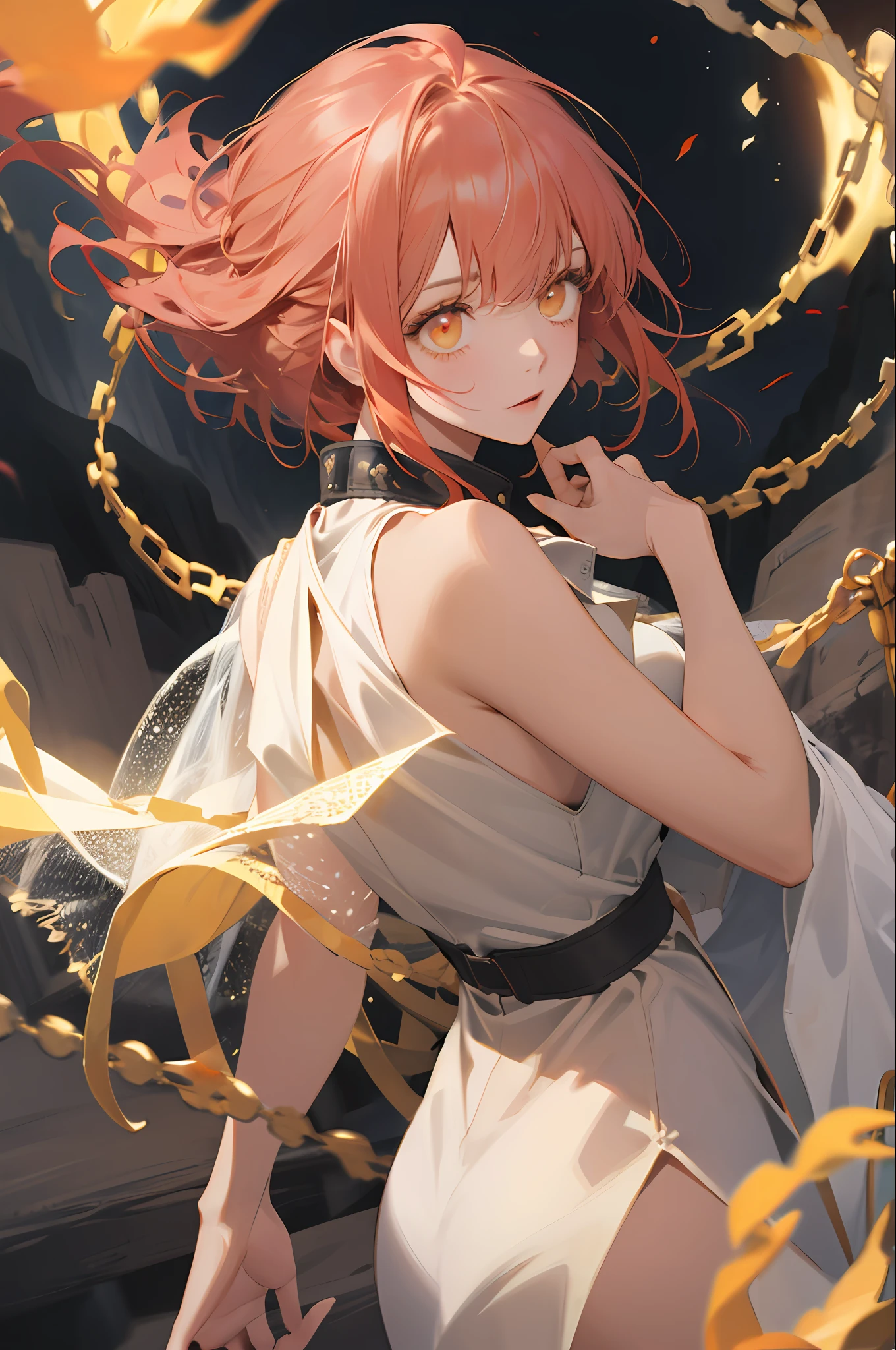 (absurderes,A high resolution,ultra detali),1girll,Very detailed eyes,Colorful,Most detailed,sportrait,独奏,Upper body body,detailed back ground,Detailed face, Dark red western dragon in the background,movie atmosphere, Contre-Jour,Silvery-white eyes with layered feelings,red tinted hair,Golden, Glowing hair,There is a red flame on the fingertips,Behind it floats a shining six-pointed star,Backlit warm color light embellishment,Magic world,Wide canyon,Full body like,full bodyesbian,Girly curve,Fleshy thighs