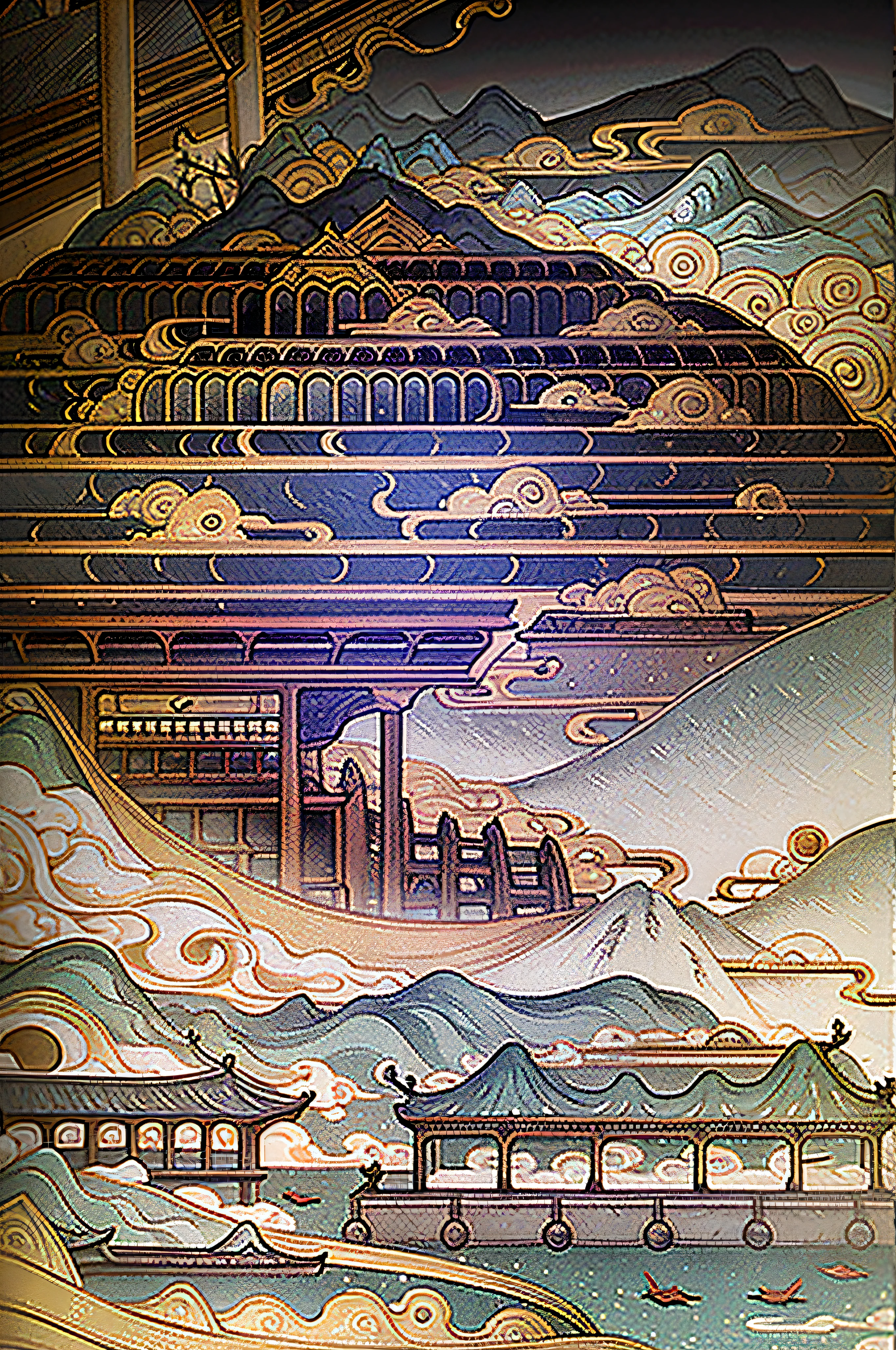 An ancient Chinese painting, ancient Chinese background, mountains, rivers, auspicious clouds, pavilions, sunshine, masterpieces, super detail, epic composition, ultra HD, high quality, extremely detailed, official art, unified 8k wallpaper, Super detail, 32k -- v 6
