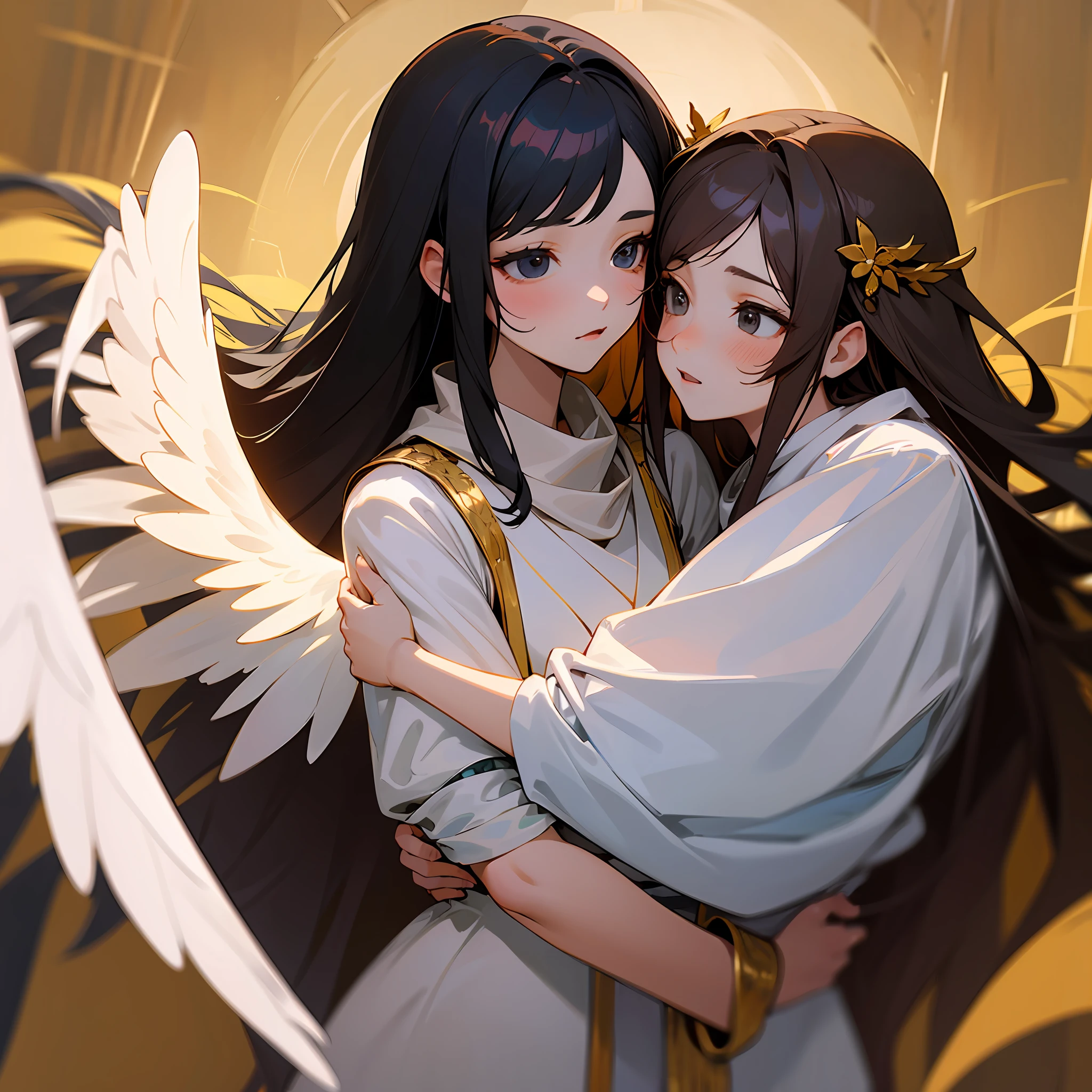 Two angel maidens in Arabic style，They have black eyes，Long dark hair，Very quiet and gentle。They wore white dresses，There is a golden scarf on the face，The expression on the face is quiet and gentle --auto