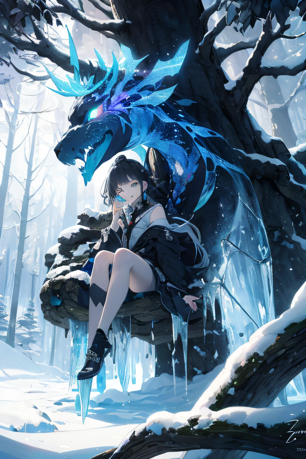 absurds，High res，ultra Detailed，official arts，统一 8k 壁纸，ultra Detailed，Beauty and aesthetics，master masterpiece，best best quality，（zentangle，Ice and snow，Tangles，Entanglement），（s fractal art：1.3），PhotoRealistic，（master masterpiece，top quality，best best quality，official arts，Beauty and aesthetics：1.2），Very Detail，s fractal art，variegated，most details，zentangle，（Abstract Background：1.5）（1boy：1.3），Kamimei，（Glowing blue eyes），Enigmatic，(MAGIC)，((Sit on a tree))，Ice and snow