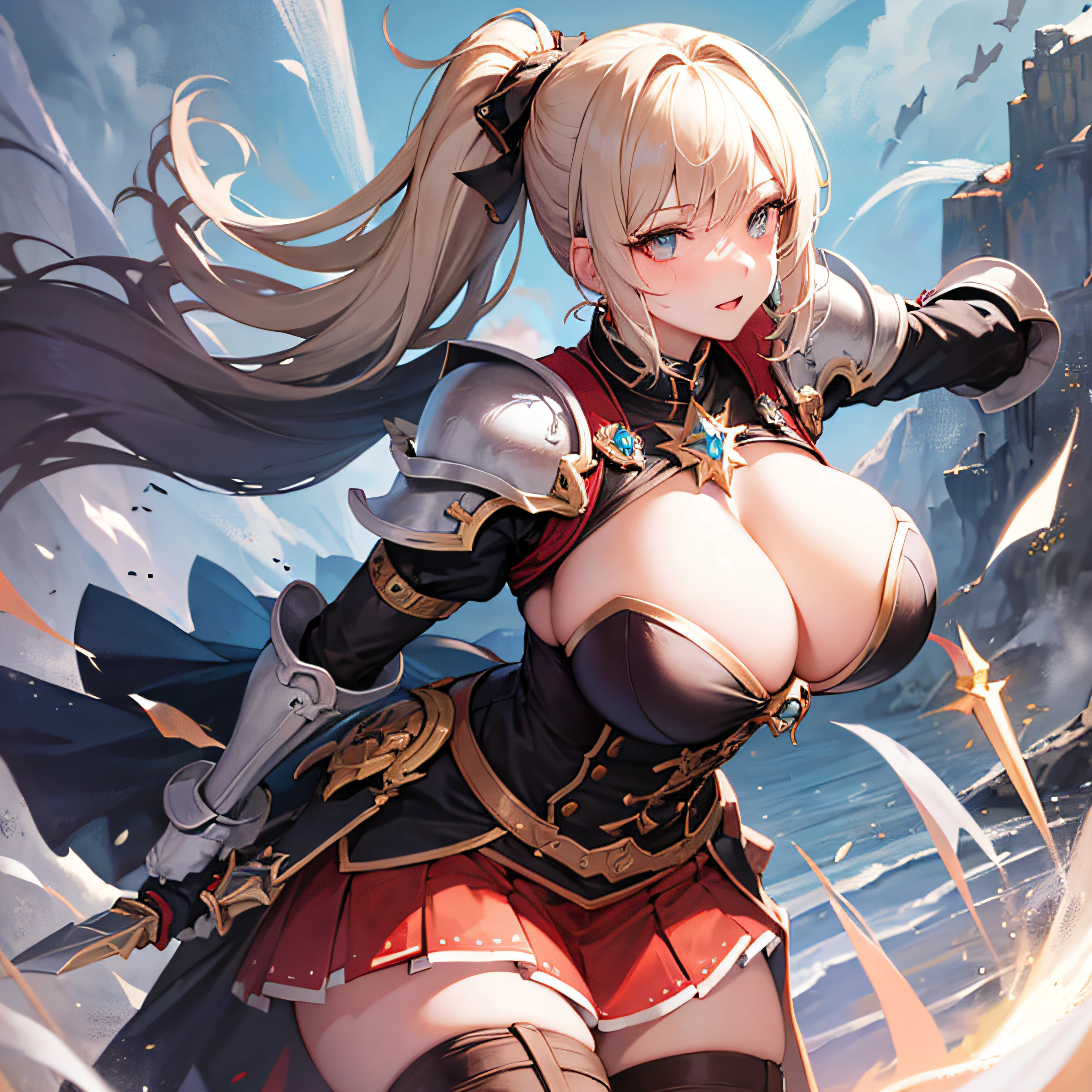 Peerless beauty,Perfect slim body,Mature royal sister face,Double ponytail curls,Knight armor,Sensual and alluring,Nice face,Full body like,4K quality,Feminine expression,Blush shyness,Star-like deep eyes,Huge breasts,A short skirt,Knife pulling posture。Overflowing bust,Fight Warcraft,speed-line,Best quality at best,tmasterpiece,Magnificent background,On the battlefield,Clothes burst