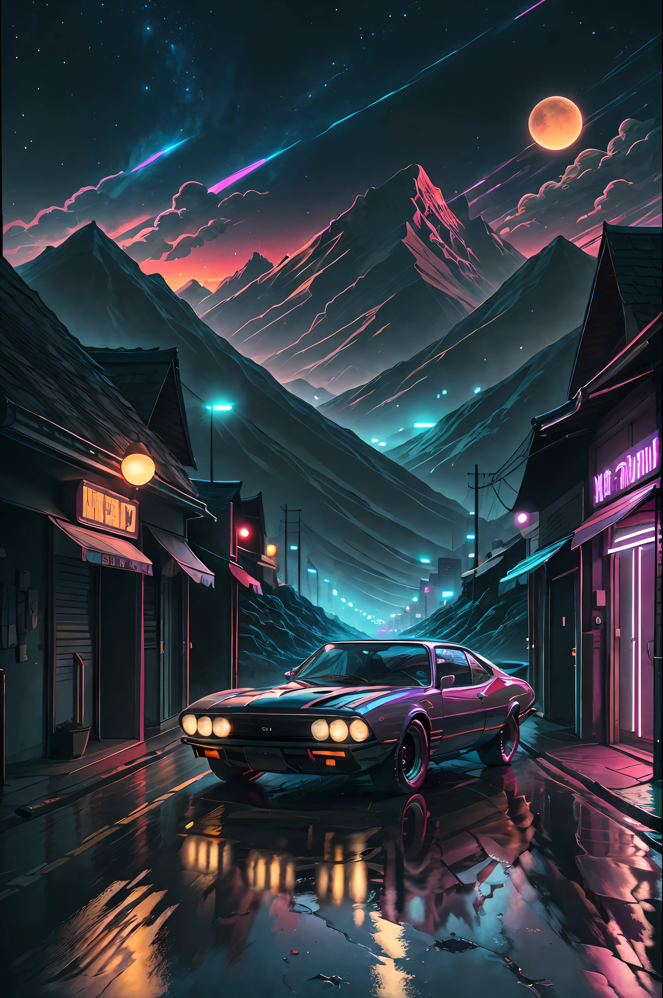 retrowave. city, 1969 Nissan S30, wide body kit, road, purple neon lights, sun, mountain,
(masterpiece,detailed,highres),