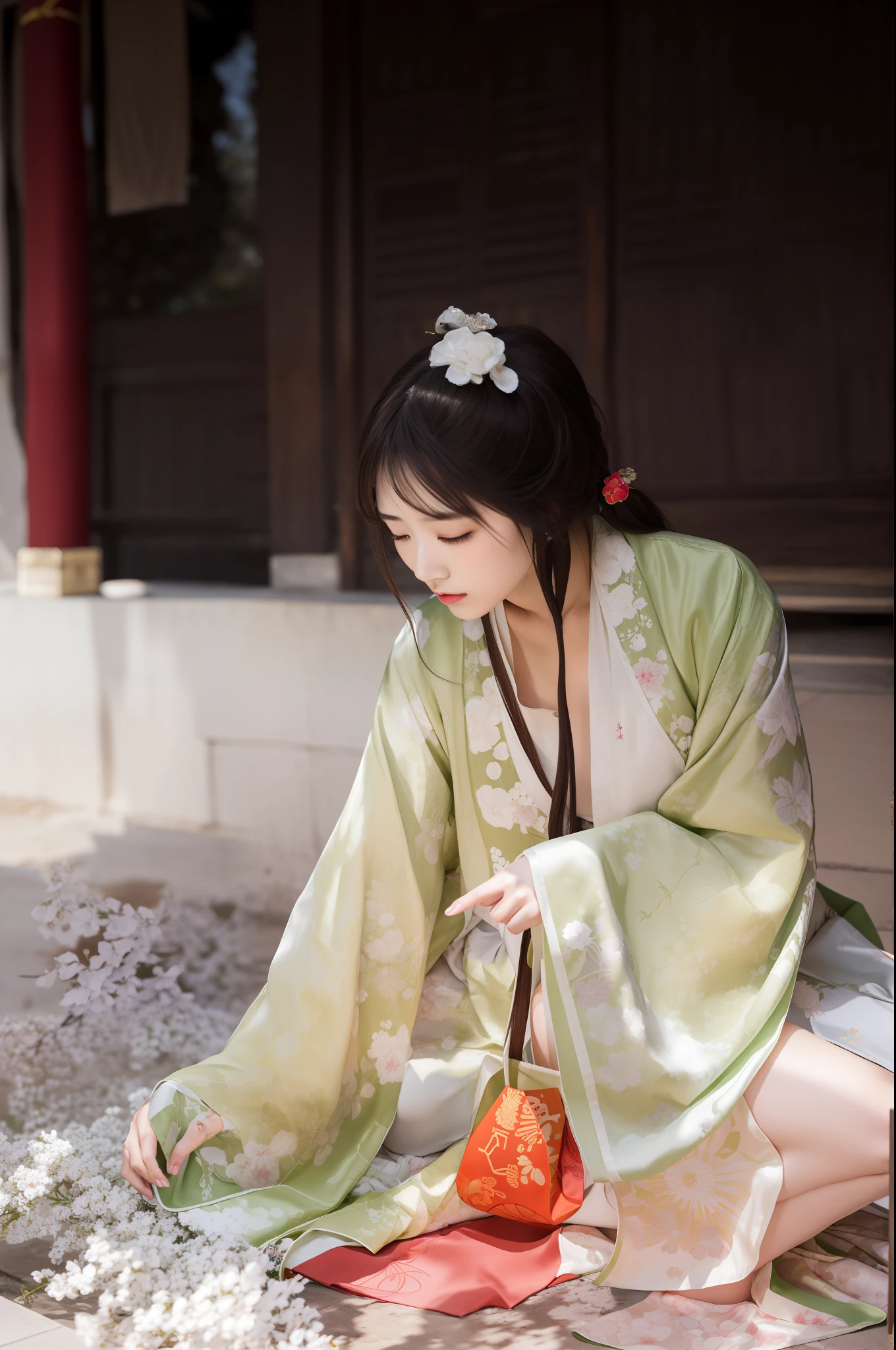 woman in traditional dress sitting on the ground with a basket, Hanfu, palace , A girl in Hanfu, Wearing ancient Chinese clothes, White Hanfu, Traditional Chinese clothing, with acient chinese clothes, Chinese costume, wearing ornate silk clothes, pale and coloured kimono, traditional chinese, wearing a luxurious silk cloak, Traditional beauty, wearing a long flowing robe