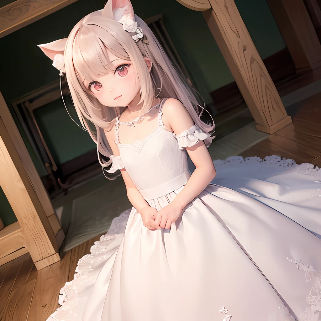 (巨作), Best quality, Ultra-detailed CG unity 8k wallpaper,whaite hair,Cat's ear wedding dress,Clean tulle,Delicate details of lace embellishments and cute accessories,A girl who has disappeared,Shy and cute expression,Clear and clear,Small fresh style,Watercolor-like femininity,close-fitting,Pink and cute,shy