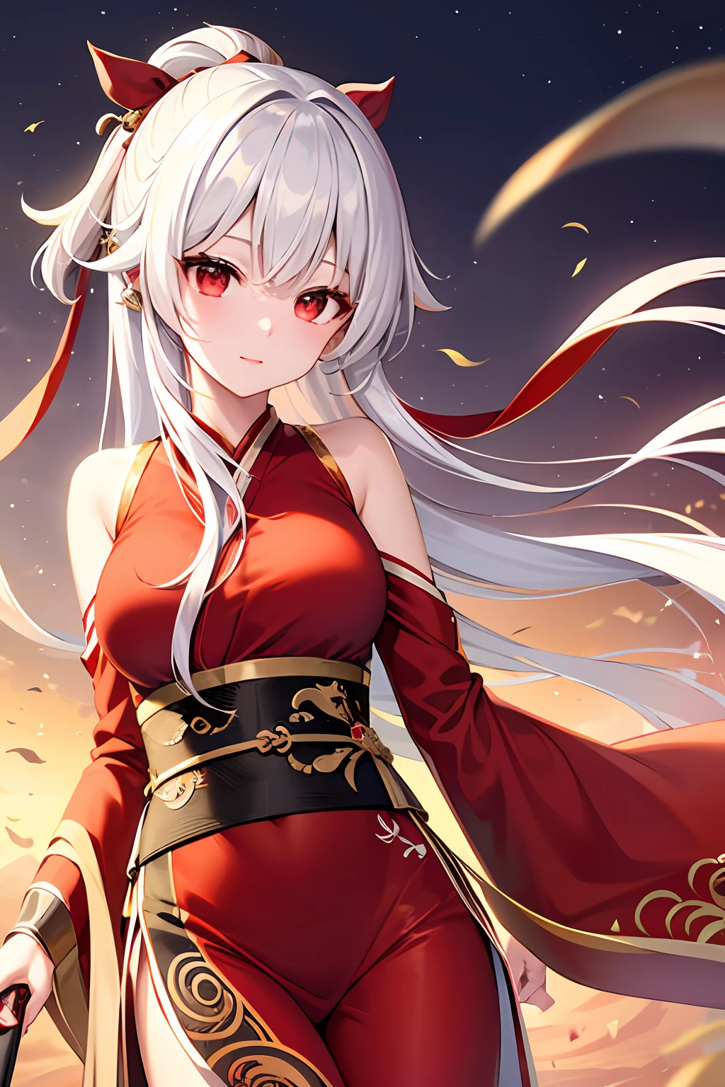 Elegant and beautiful older sister,ancient wind,Red and white Hanfu,Guqin,red eyes,White hair,Exquisitely