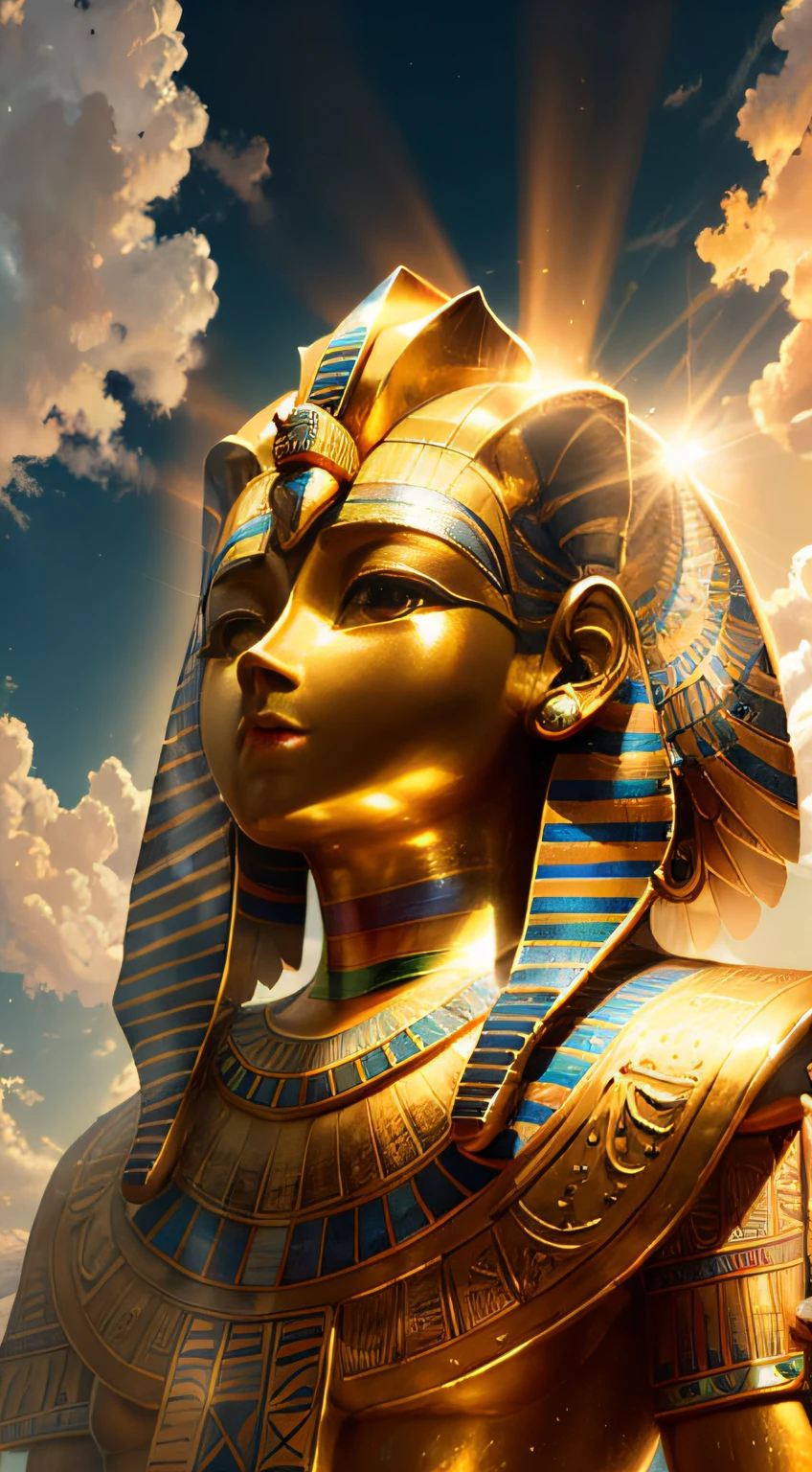 ((masterpiece)), ((best quality)), 8k, high detailed, ultra-detailed, 

A radiant sun shines brightly in the sky, its golden rays illuminating the surroundings. The sun itself is unique, adorned with a special eye symbolizing the Egyptian god Aten.