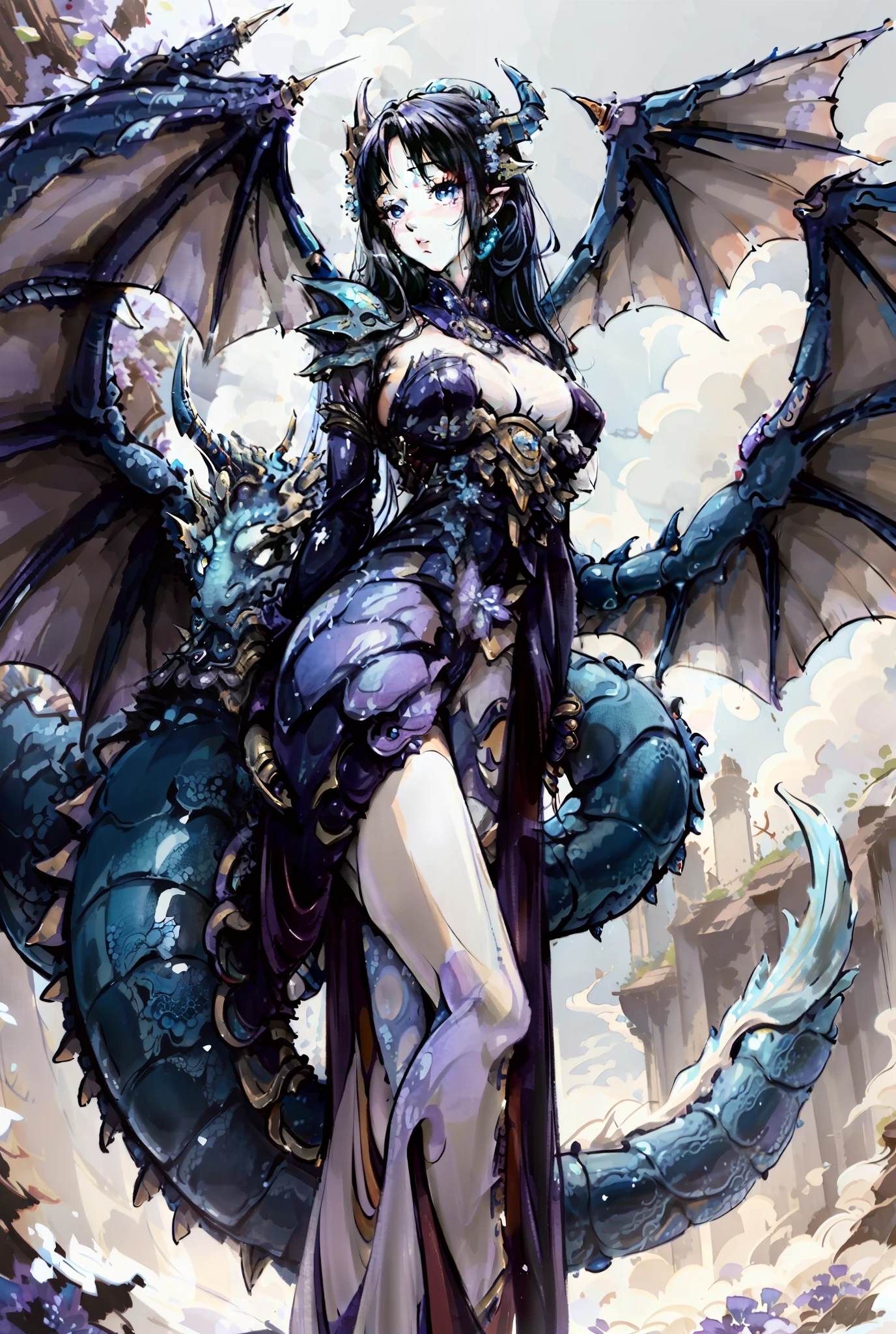 Blue Western dragon，blue  hair，Blue eyes，White dress，Purple flowers，Bigchest，Big ass，Dragon wings，Dragon's horn，Beauthful