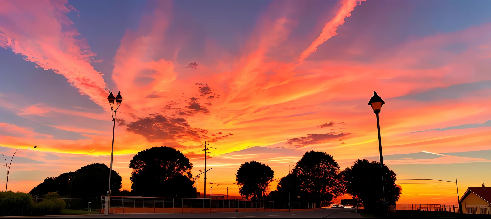sunset over a residential area with a street light and a street light, orange skies, orange and red sky, sky is orangish outside, Orange sky, Orange / Pink sky, blinding red orange sky, stunning skies, orange skies, sky setting, Sunset sky, orange clouds, sunset red and orange, stunning skies, orange dawn, the glimmering orange dawn