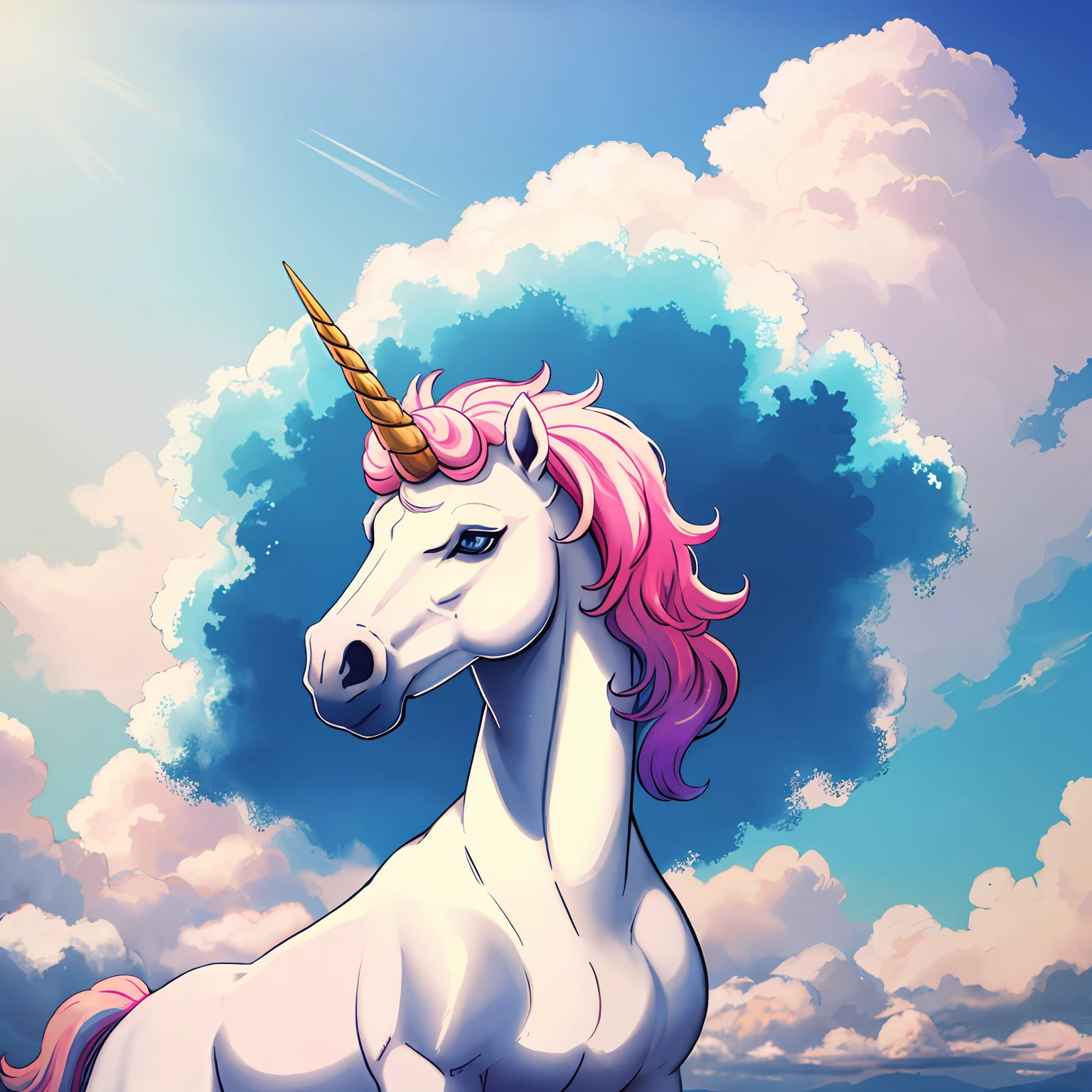 A majestic unicorn with pristine white fur stands gracefully in a dreamy setting. The background features fluffy clouds, creating an ethereal atmosphere. Capture the unicorn's portrait in exquisite detail, using high-quality photography techniques. Ensure the image is of 4K resolution, with HDR enhancement, resulting in a stunningly sharp and vibrant depiction.