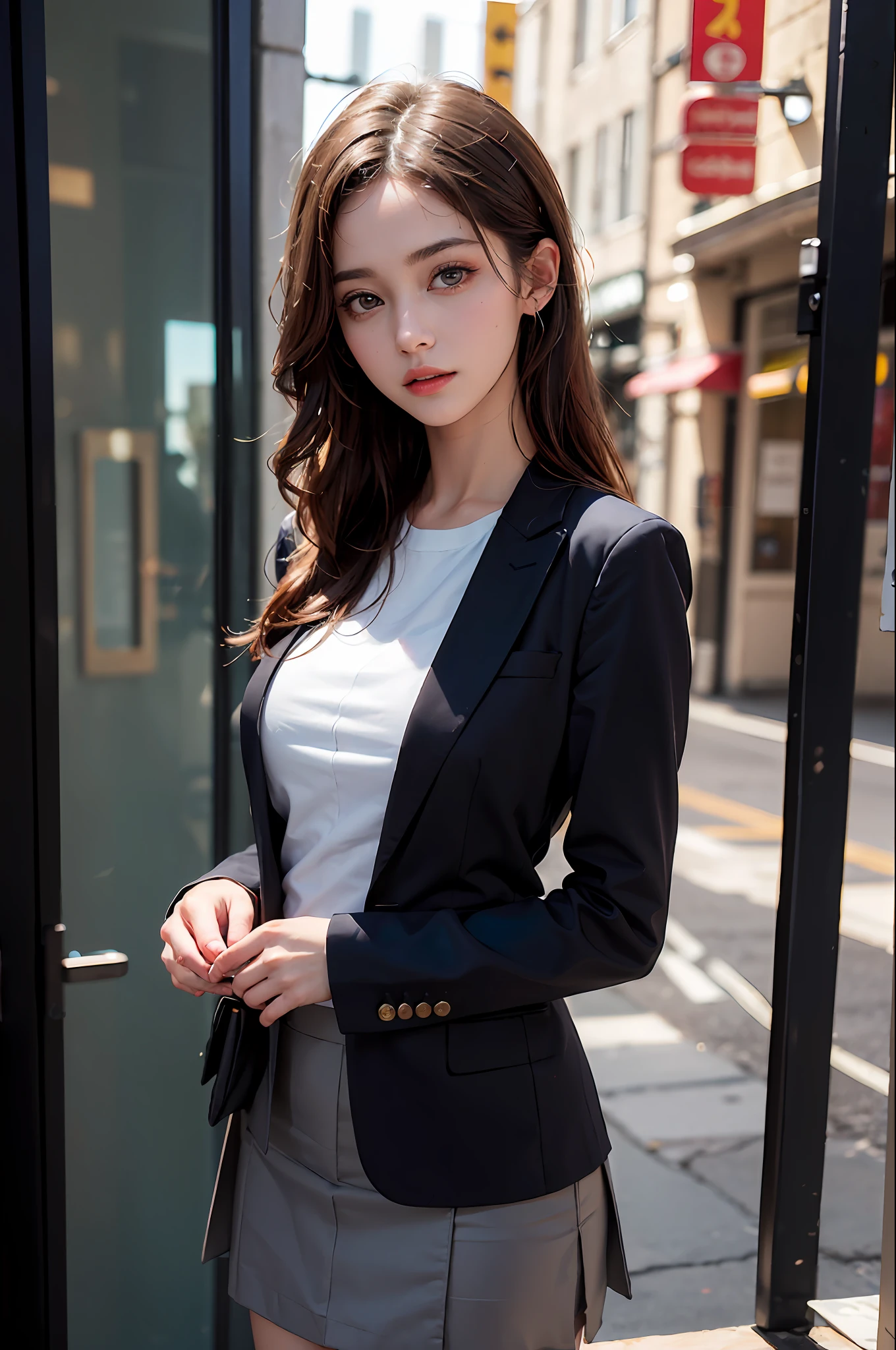 best quality, masterpiece, 1girl, Beautiful face, (photo realistic:1.3), rim lighting, (high detailed skin:1.2), 8k uhd, dslr, high quality, high resolution, 4k, 8k, Bokeh, absurdres, best ratio four finger and one thumb, (realistic:1.3), cute 1girl, wearing black formal blazer, medium breasts, short skirt,