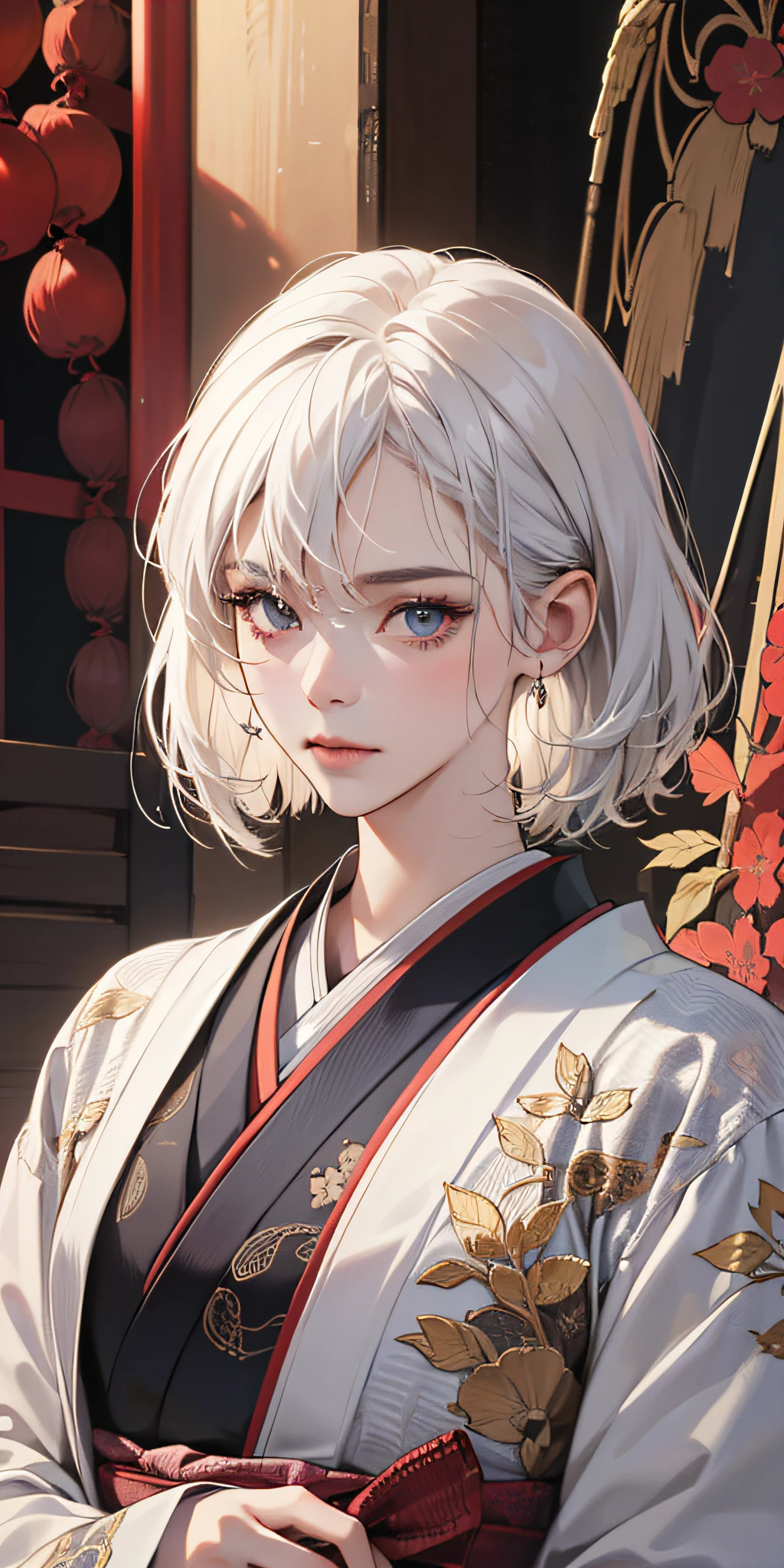 (absurd, highres, ultra detailed), 1girl, mature woman, intricate details, enlarged textures, intricate details, finely detailed eyes and detailed face, intricate details, white hair, (closed mouth), (perfect eyes, matching eyes), ( (Japanese clothes)) --auto