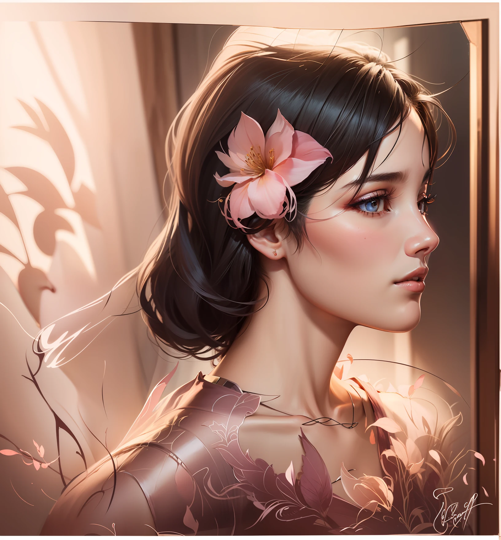 portrait of a young Asian 28-year-old girl, beautiful face, excellent detailed makeup, beautiful goddess-like eyes, no flaws in detail, highly detailed skin, mirror) beautiful face like an angel, light pink evening dress style, professional photos, true light, movie light, --auto