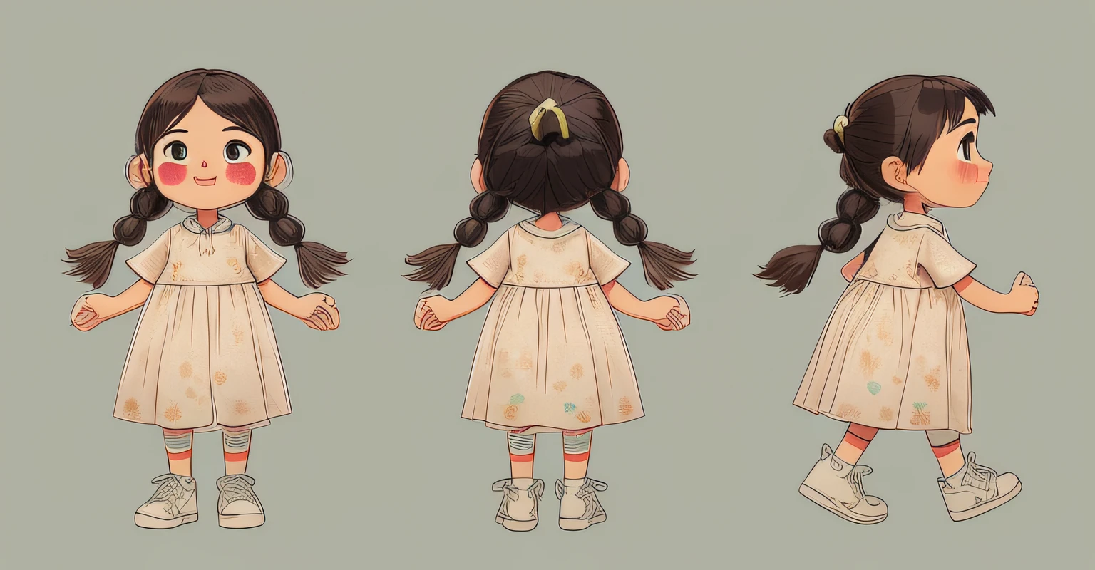 cartoon of a little girl in a dress with a ponytail, childrens art in artstation, Highly detailed character design, pigtails, Stylized character design, Character design, Detailed character design, Character illustration, very stylized character design, character turnaround, Full body character design, high quality character design, character is in her natural pose, character design art, animated character design --auto