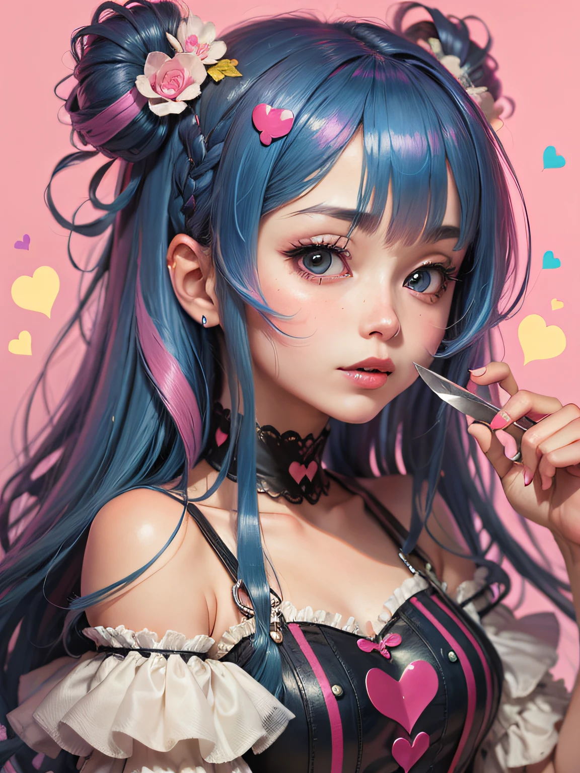 colored inner hair, dark blue hair, pink hair, hime cut, long hair, heart-shaped eyes, drunk, anime style, UHD, masterpiece, high quality