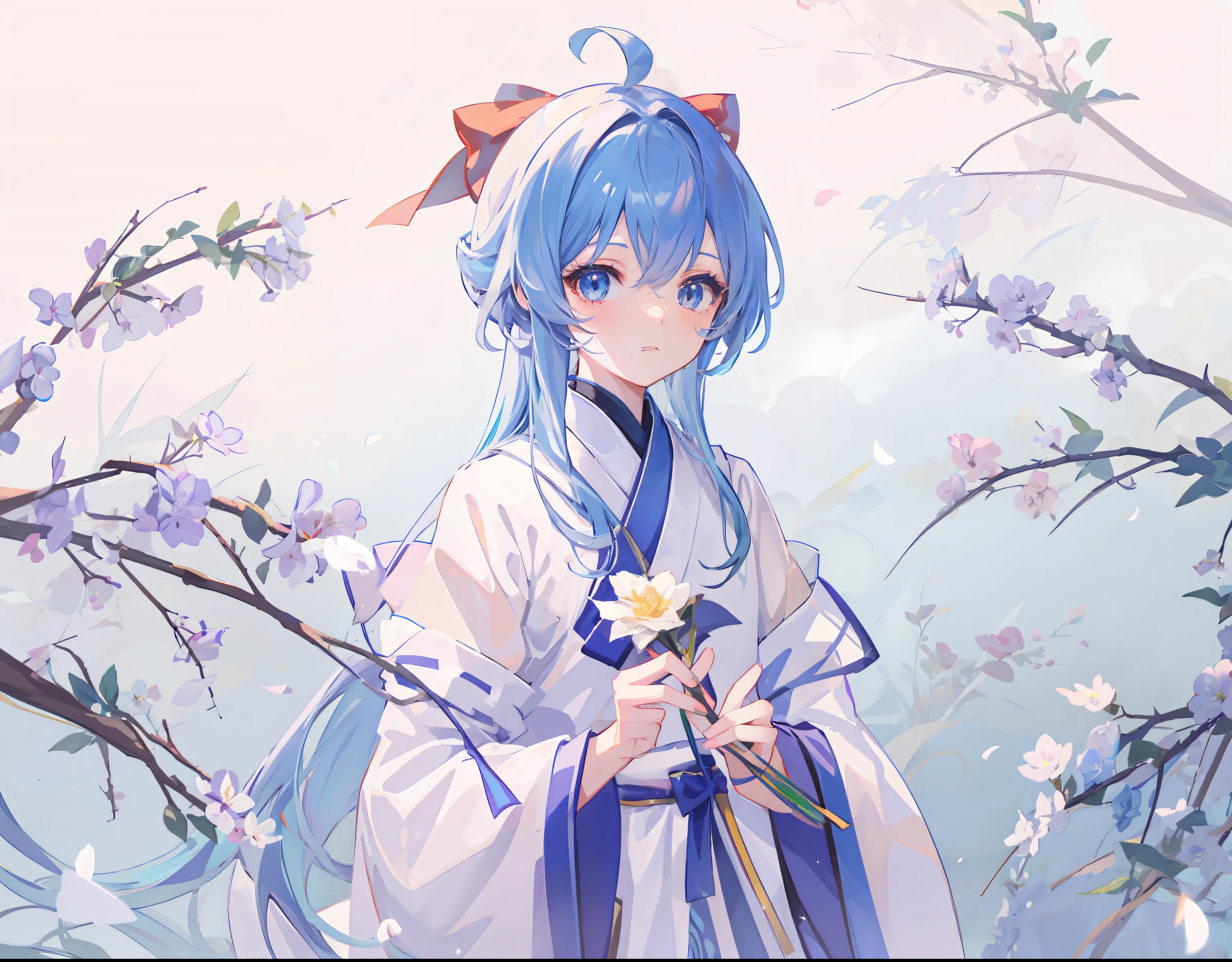 anime girl with blue hair and blue dress holding a flower, from touhou, anime moe art style, touhou character, Middle metaverse, High Quality Anime Art Style, ethereal anime, palace , A girl in Hanfu, anime visual of a cute girl, onmyoji, Official artwork, up of young anime girl