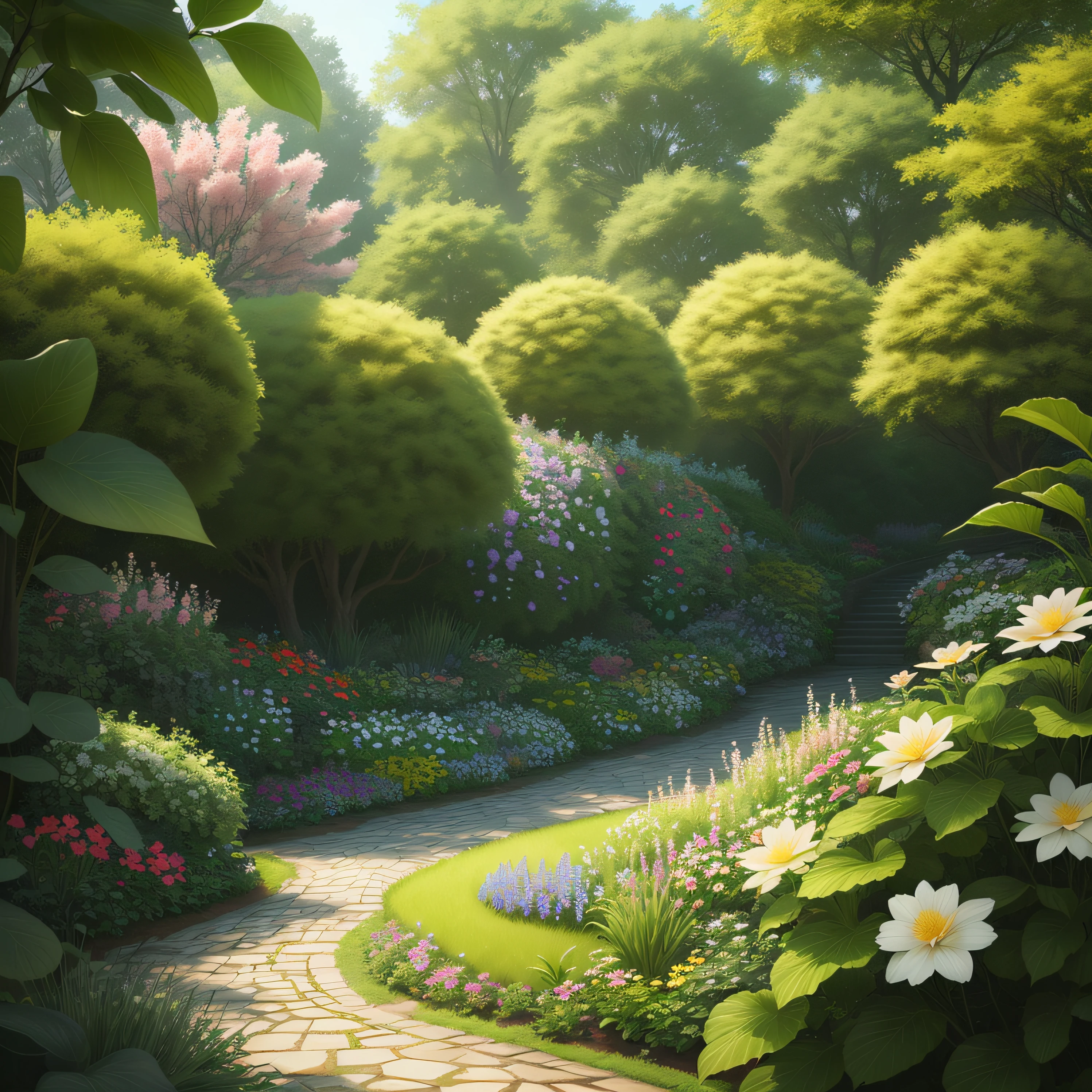 selva en primavera, amanecer, manantial, muchas flores de distintas especies, piedras brillantes , realista, mariposas volando, belleza extrema, salvaje, cheerfulness, serenidad, Hummingbirds, luz se cuela entre los arboles, luz suave plateada
