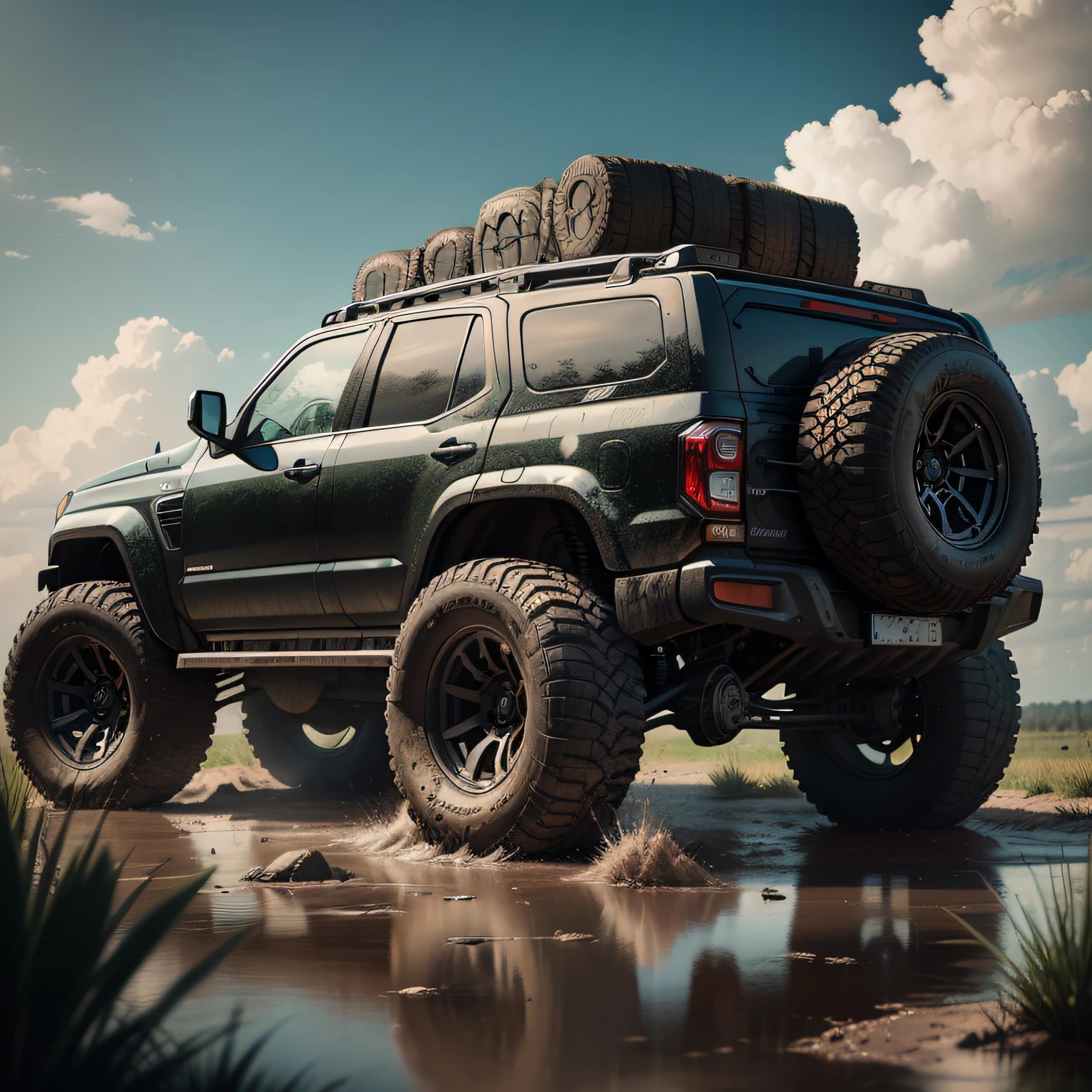 You are now a designer,Design a car,at full size,Black appearance,off road tires,Side-opening tailgate,A spare tire is hung on the tailgate,Muddy road scene