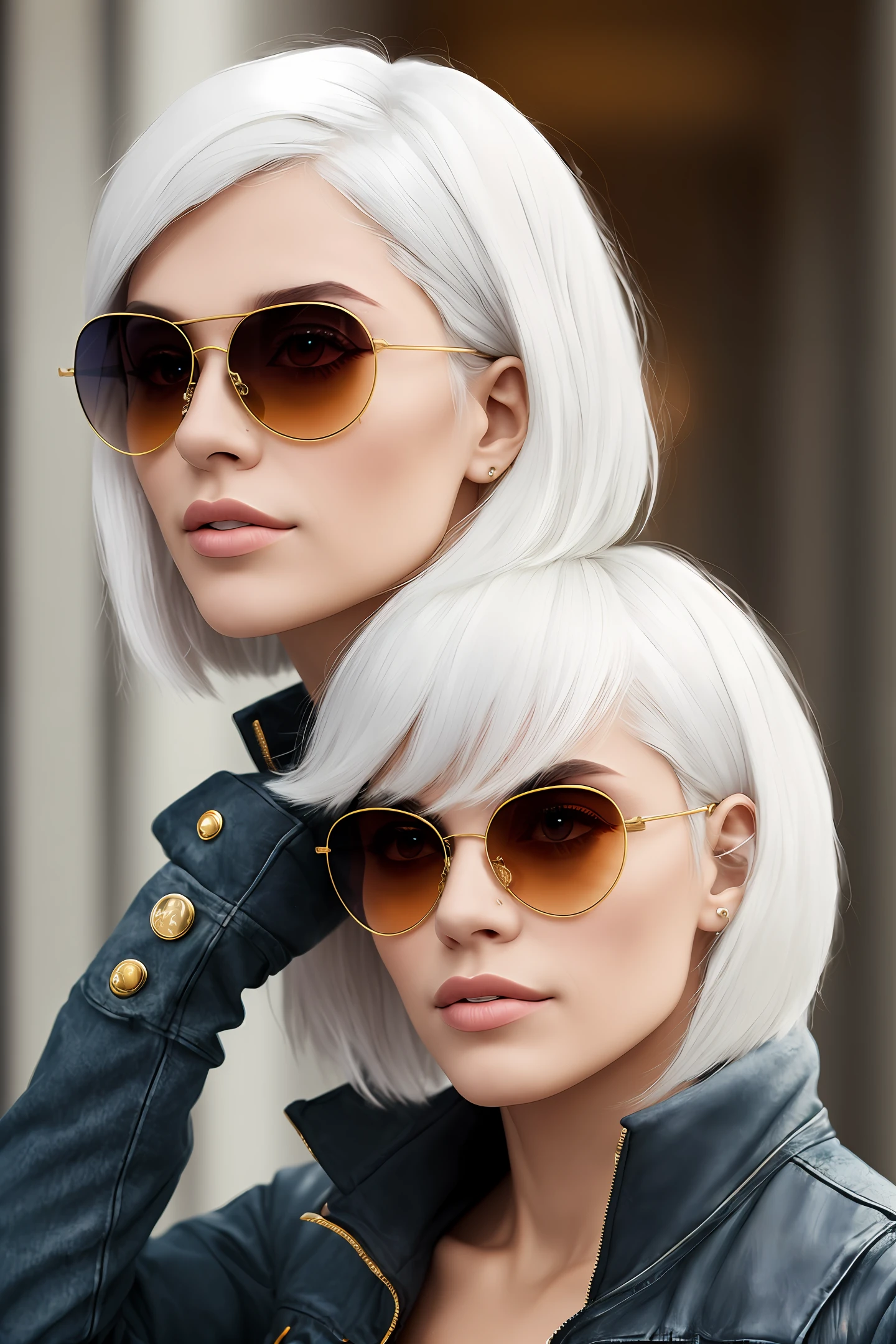 White hair, golden eyes, sunglasses