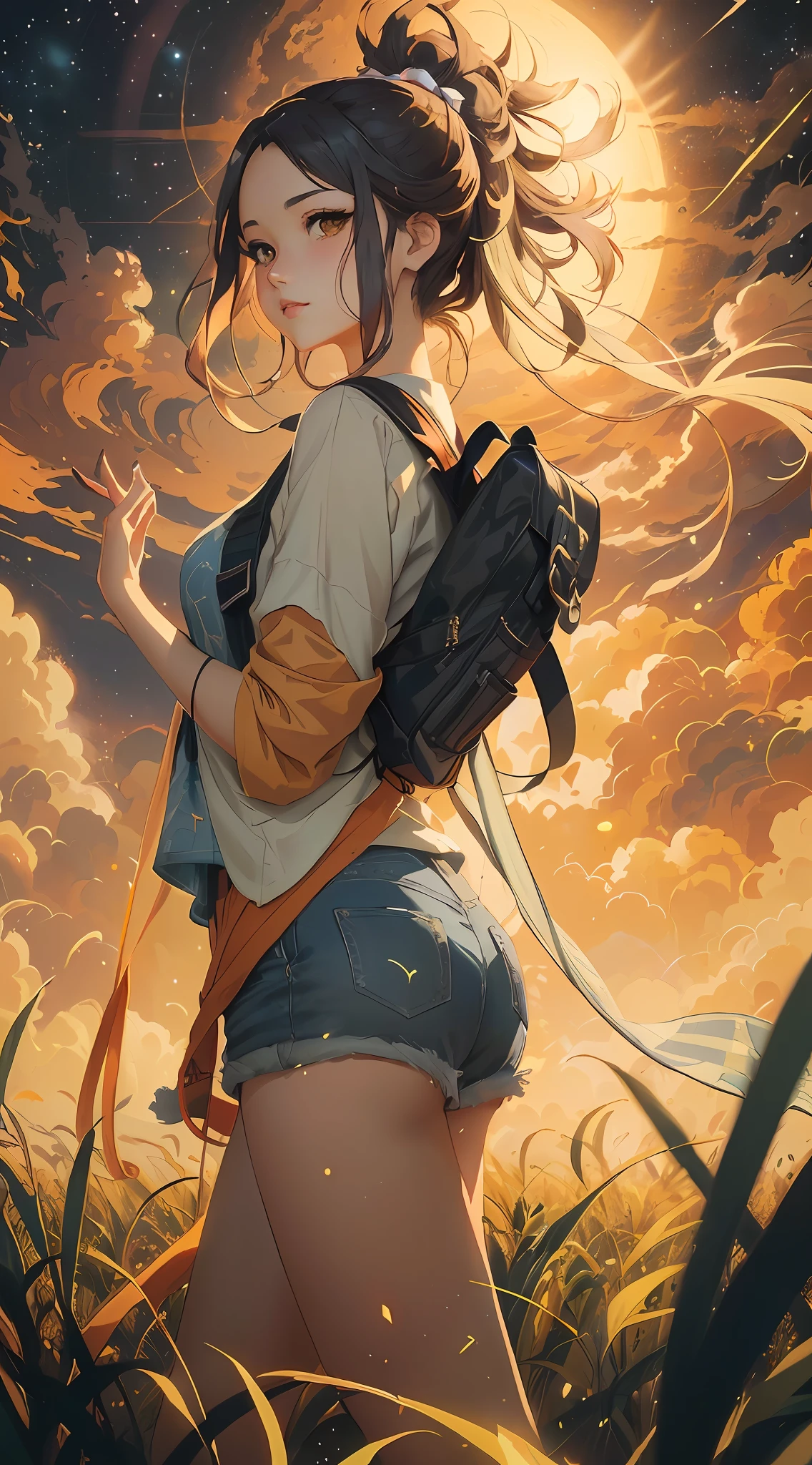 anime girl with backpack in field with sun in background, style of anime4 K, Anime art wallpaper 8 K, Anime art wallpaper 4k, Anime art wallpaper 4 K, Anime wallpaper 4 k, Anime wallpaper 4k, 4k manga wallpapers, 4K anime wallpaper, Artgerm and Atey Ghailan, ross tran style
