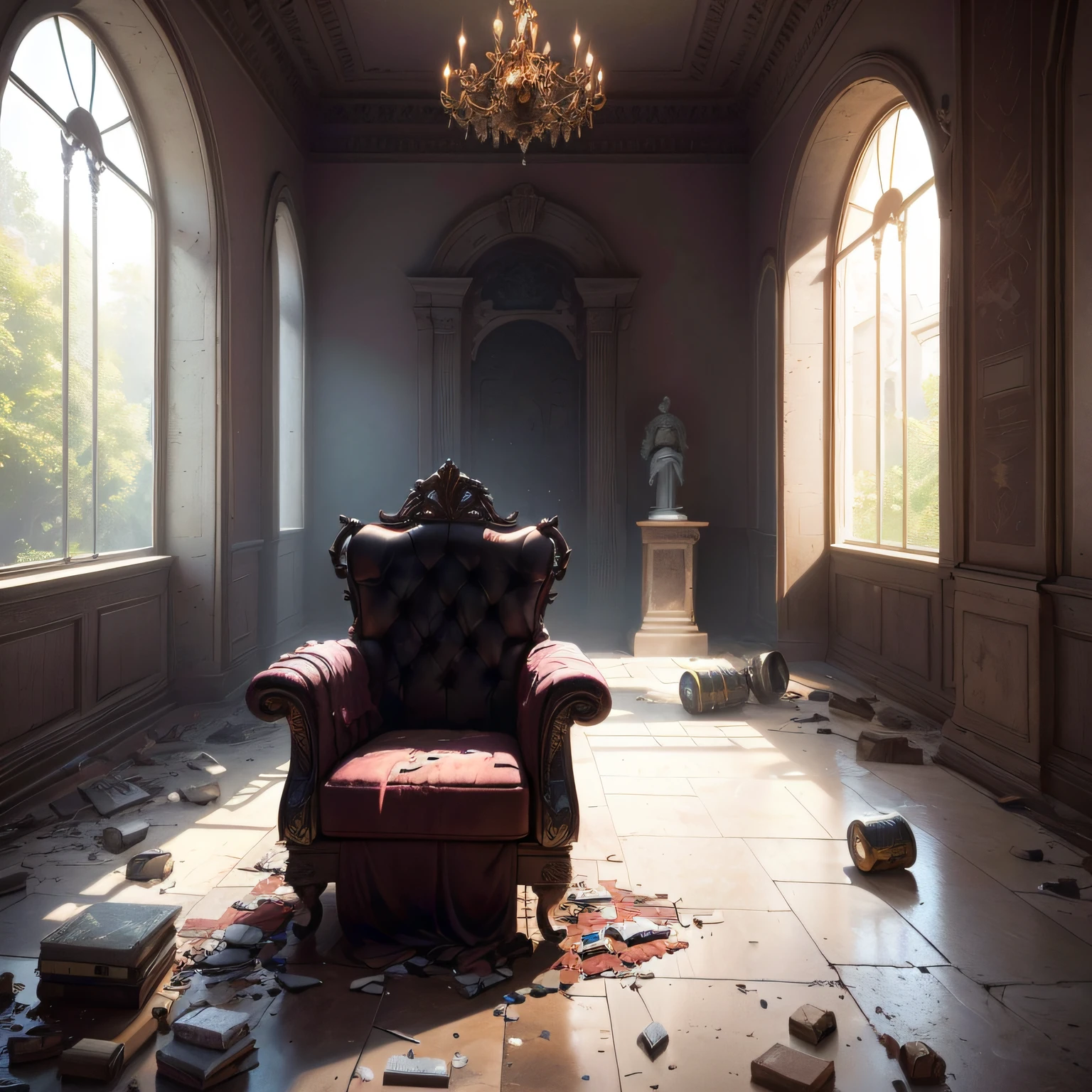 there is a chair in a room with a lot of debris on the floor, Trono quebrado, deitado um trono em uma terra de fantasia, arte conceitual escura fotorrealista, unreal engine 5 render dramatic, arte do motor irreal, unreal engine render concept art, Unreal Engine Art 5, cinematic render unreal engine, renderizado no Unreal Engine 5, unreal 5 motor renderizado